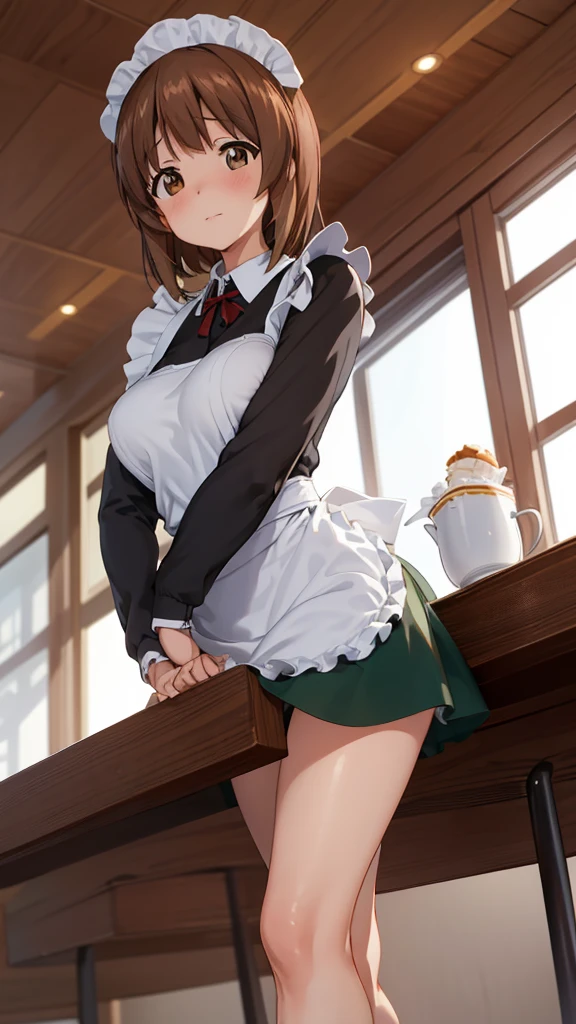  1 girl , Alone, Girls＆Panzer, nishizumi miho,   Brown Eyes ,  brown hair,  shorthair, (Maid uniform:1.4), closed mouth , happy ,indoor, Cafe , stylish angle , Flip-up skirt, white panties, Surprised Face 、 open legs、 white panties、Panic face、 boobs、 open legs、 angle from below、 raise your legs、sit、Troubled face、 Surprised Face , Butt