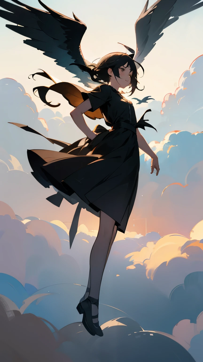 ( Flying Bird Silhouettes:1.2)、( If you look closely, it's a girl with bird wings on her arms:1.2)、  pretty girl 、((  Masterpiece )), ((( best quality))), (( ultra detail)),  (wonderful:1.1), beautiful, nature, Sky and ground, Strong winds, Blown by the Wind, Line Cloud,Light shines through clouds ,  teeth、 It's in a lush forest jungle with wildlife and animals from the jungle,   Award-Winning Photos  , BLN-L24,  exposure , High Contrast ,Low saturation,High color 8K 3D, 2x.8 Lenses, Aerial View,  cinematic lighting 