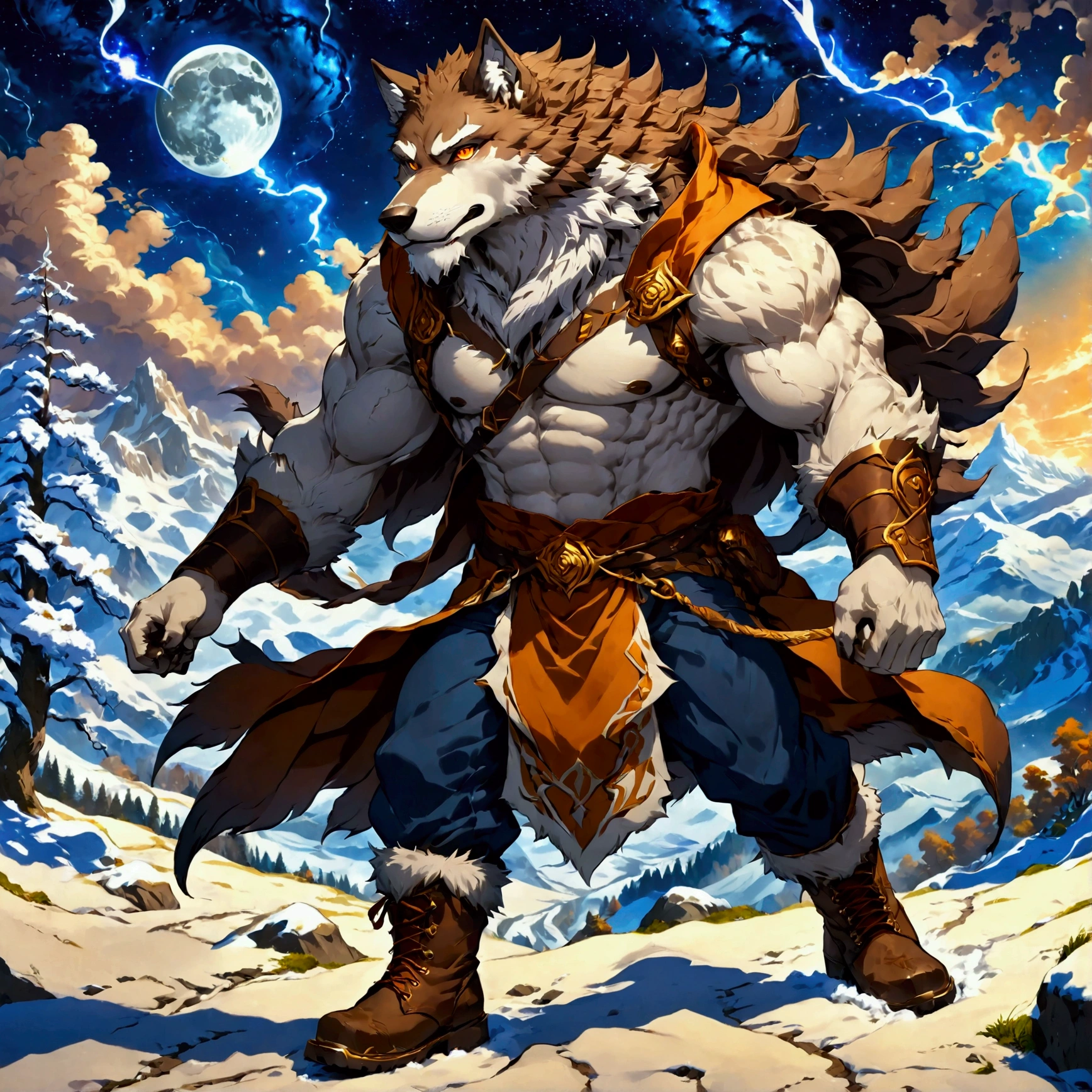 character focus, full body, looking away, various angle, european fantasy, wizard, a muscular middle-aged wolf man, heroic costume clothes, robe, shirt, pants, boots, magical starry stick casting tornado magic, cutting wind effect, dynamic pose, BREAK complete anatomy, perfect proportions, beautiful thigh gap, fluffy body, intricate fur details, beautiful fur texture, BREAK a detailed wolf 1tail, detailed boots, detailed foot, detailed hands, 5fingers, 5fingers nails, BREAK aesthetic anime face, insanity detailed face, male face, big face, square jawline, aesthetic anime eyes, detailed brown eyes, detailed brown cornea, detailed dark brown irises, detailed pupils, male eyes, big eyes, male eyebrows, innocent look, beautiful beard, BREAK full body in Michelangelo Buonarroti style, digital illustration anime, housamo style, detailed painting landscape, snow mountain, path, outdoor, full color, HDR, BREAK masterpiece, official art, best quality, very aesthetic, absurdres, super fine illustration, great quality, BREAK noise reduction, very highres, large filesize, high quality, 32K, 8k wallpaper, dynamic lighting, BREAK insanity detailed, ultra detailed, intricate details, extremely detailed, detailed texture, an extremely delicate and beautiful, BREAK osukemo, e621 illustration, kemohomo, anthropomorphic, furry, cartoon, harmonious body, pastoral face, virtuous eyes, epic atmosphere