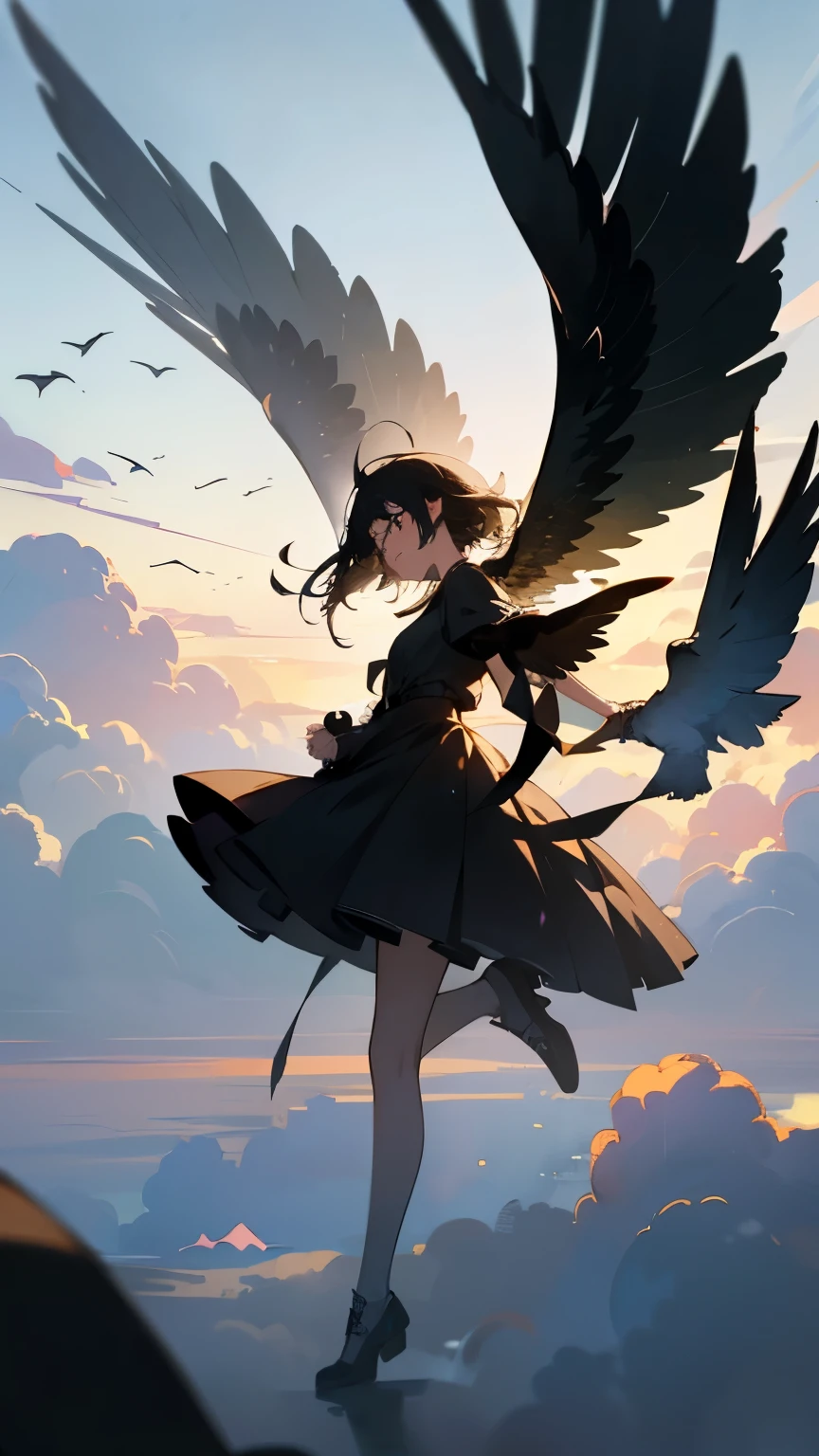 ( Flying Bird Silhouettes:1.2)、( If you look closely, it's a girl with bird wings on her arms:1.2)、  pretty girl 、((  Masterpiece )), ((( best quality))), (( ultra detail)),  (wonderful:1.1), beautiful, nature, Sky and ground, Strong winds, Blown by the Wind, Line Cloud,Light shines through clouds ,  teeth、 It's in a lush forest jungle with wildlife and animals from the jungle,   Award-Winning Photos  , BLN-L24,  exposure , High Contrast ,Low saturation,High color 8K 3D, 2x.8 Lenses, Aerial View,  cinematic lighting 