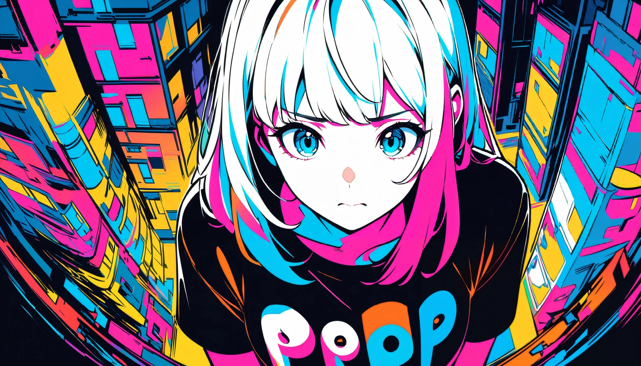 (( black and white images)),(( monochrome image with chromatic colors)),masterpiece, (( sad expression ))、Highest quality, Beautiful attention to detail, Very detailed, In detail, High resolution, Perfect Anatomy, , , Girl, (one person:1.5), alone, (night空の背景), (City Pop Art), (( black shirt )),night、