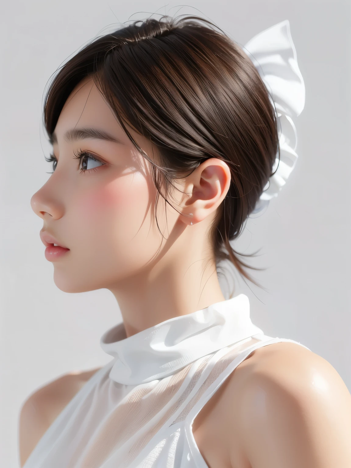 1 Girl, (masterpiece:1.3), (4K, born, Sharp focus, delicate, Beautiful composition, 最high quality,) (Realistic:1.4), high quality, Very detailed,((profile:1.3))、big ears、(Realistic skin), (Intricate details), (Latex Surface:0.4), (Fine skin:1.Perfect glowing skin:0.6), (Beautiful Eyes), Round eyes, Beautiful Face,)、(White casual summer clothes:1.2)、(The simplest pure white background:1.3)、(Portrait with space:1.3)、((short hair:1.1))、Sparkling Eyes,Realistic skin hydration,Twenty year old girl,  Brown Hair,Realistic skin texture,Realistic lighting、Big Natural Color Lip、Lip gloss,Harajuku、cute、