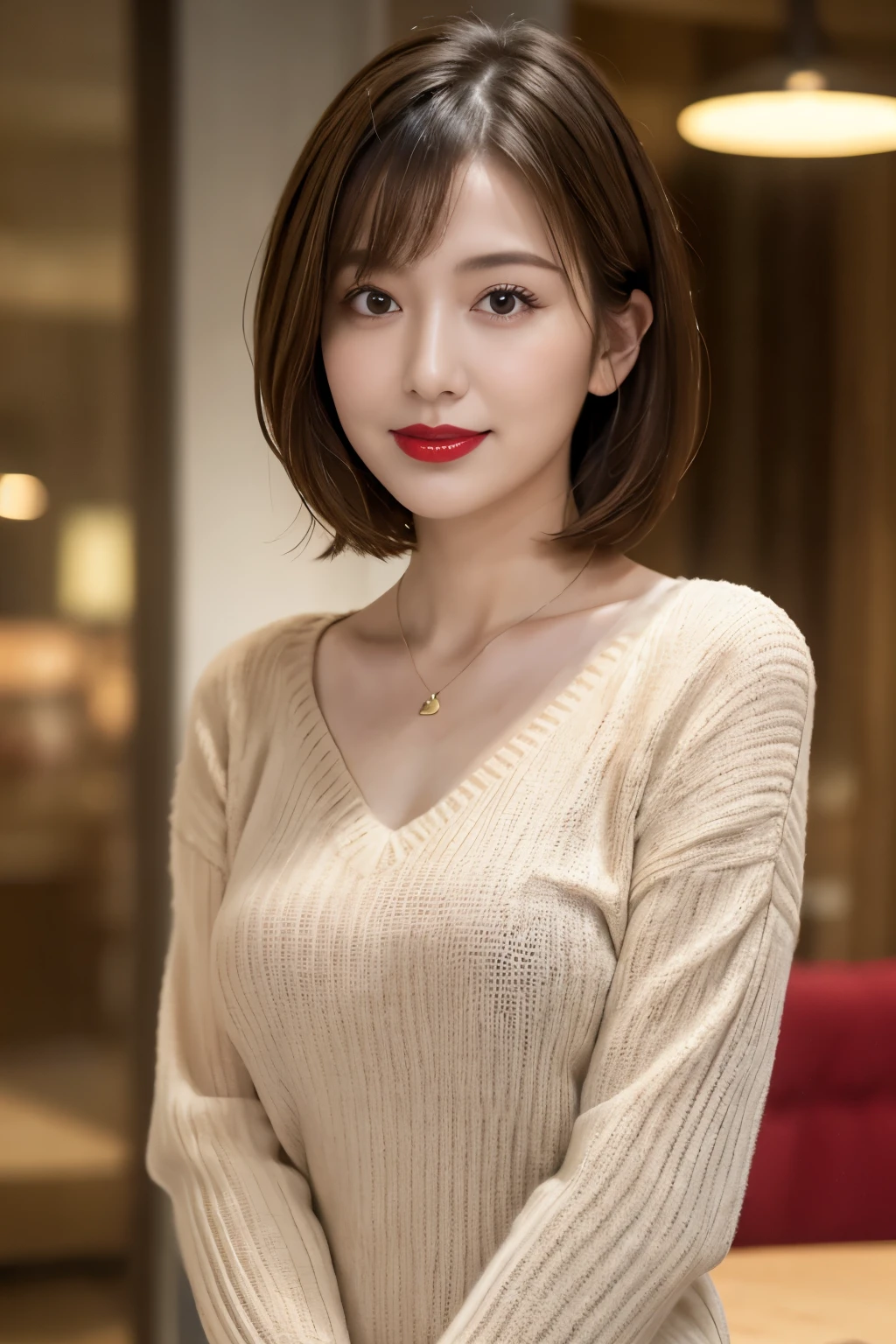 ((masterpiece)), ((Highest quality)), ((Complex)), ((Surreal)), (Realistic), (Mature Woman), ((There are no classes)), Very detailed, (1 female), Beautiful and exquisite, (Beautiful Teeth), Grin, Brunette Bob Hair, Brown eyes, ((blouse)), (Upper Body), (background:none), Perfect Eyes, Captivating eyes, Looking at the audience