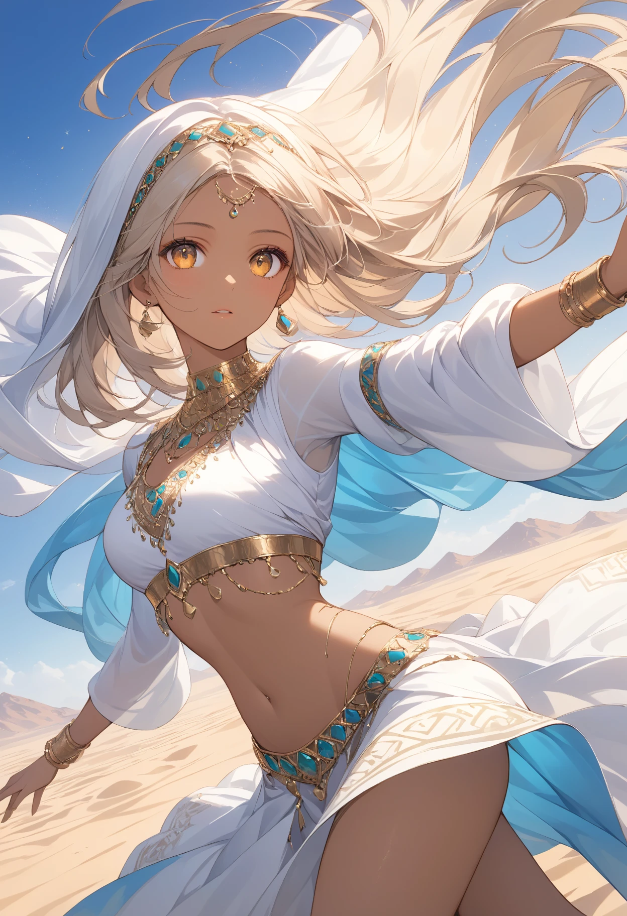  Masterpiece, high quality, high resolution, 16K, super detailed background, ultra realistic, digital painting, fantasy, desert girl, short blonde hair, tanned brown skin, amber eyes, sand swirling patterns in eyes, long eyelashes, beautiful skin, clean legs, full body, Arabian style outfit, Transparent material, jeweled ornaments embedded in skin, wind and sand effects, sand swirling around the girl, expressionless, Arabian dance, dynamic angle, 