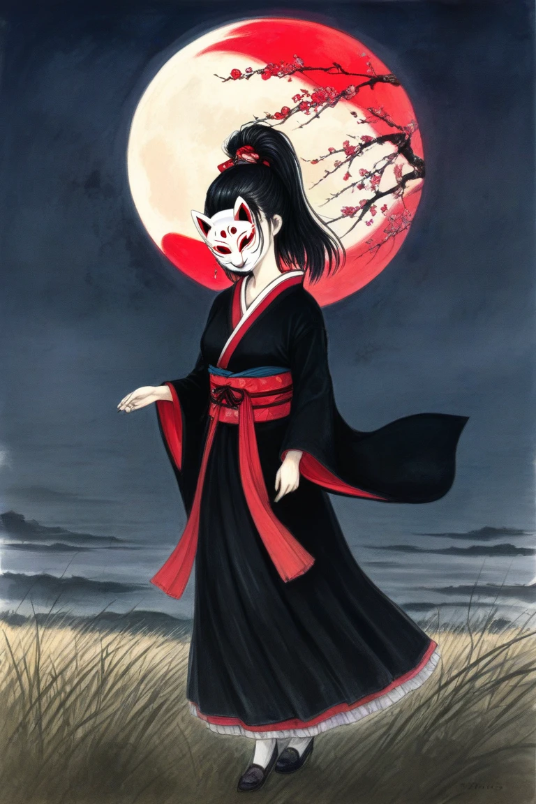 by Yoshitaka Amano, (Broad lighting),  low key lighting , Picturesque, dark(  fantasy art, (Yoshitaka Amano)), (Full body image of a woman wearing a fox mask, suzuka nakamoto xl, Black ponytail hair), Night grassland background, (Red Moon, Black kimono , Red accents), Cherry Tree, Cherry Blossom Snowstorm