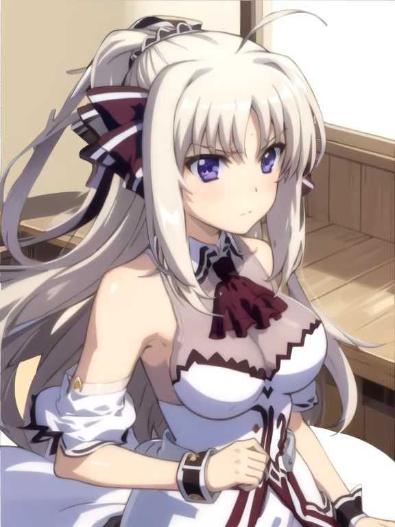 indoor, arena,
rinne_bj, 1girl, long hair, looking at viewer, breasts, purple eyes, upper body, ascot, detached sleeves, frown, ahoge, v-shaped eyebrows, bare shoulders, medium breasts, ribbon, hair ribbon, very long hair, closed mouth, ponytail, bangs, hair between eyes, 
