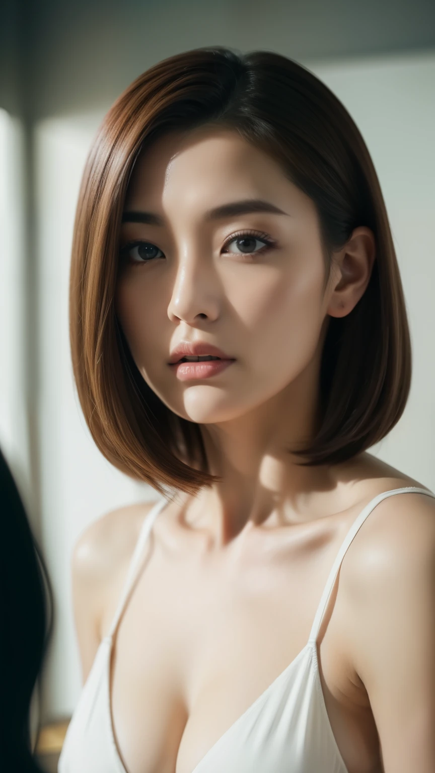 Best quality,masterpiece,ultra high res,(photorealistic:1.2),1girl,in the dark,deep shadow,low key,slim body,taipei street alley,dynamic pose,face closeup,cleavage,brown hair,<lora:fafa_tsai:0.9>,Tight short-sleeved white T-shirt,small breasts,bob cut,