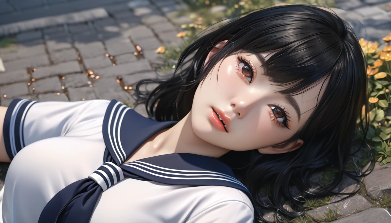 beautiful detailed eyes, beautiful detailed lips, extremely detailed eyes and face, longeyelashes, 1girl, asian, short black hair, skinny, big breasts, sailor uniform, miniskirt, lying on ground, being touched, blushing, moaning, (best quality,4k,8k,highres,masterpiece:1.2),ultra-detailed,(realistic,photorealistic,photo-realistic:1.37),anime,highly detailed,intricate details, cinematic lighting, dramatic colors, cinematic composition, beautiful background