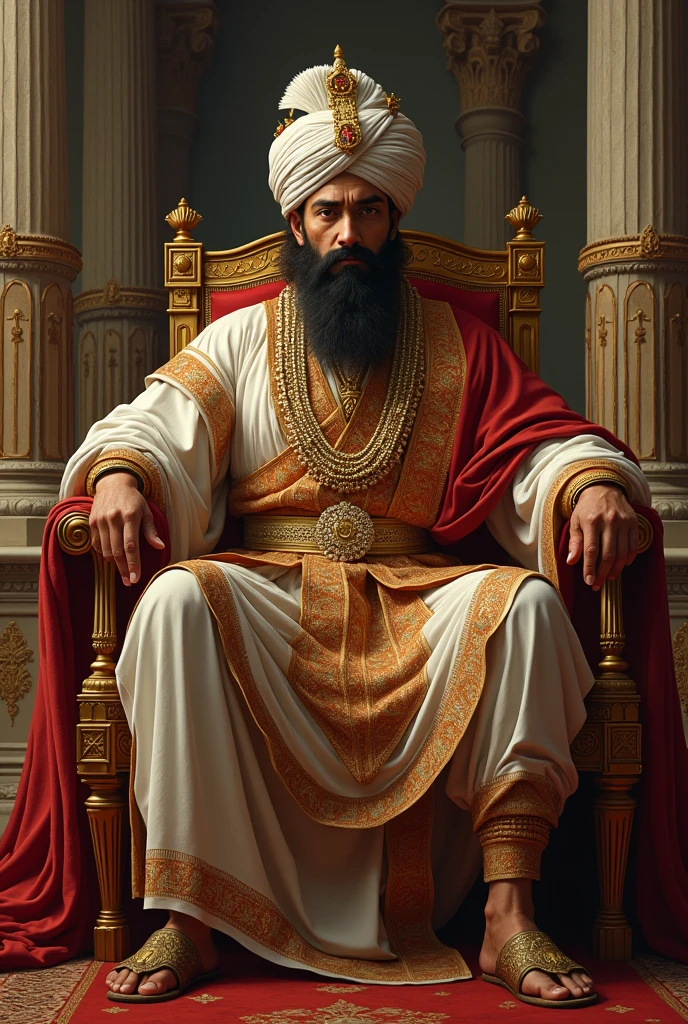 In ancient Islamic times, a man with a strong body. He has a turban. He sits with confidence, tall and majestic, intimidating the enemy. He places his hands on both feet. The clothes define the strength of his body. White. He is sitting on the throne of the Caliphate. A luxurious, luxurious throne. Behind the throne. High quality realistic facial features.