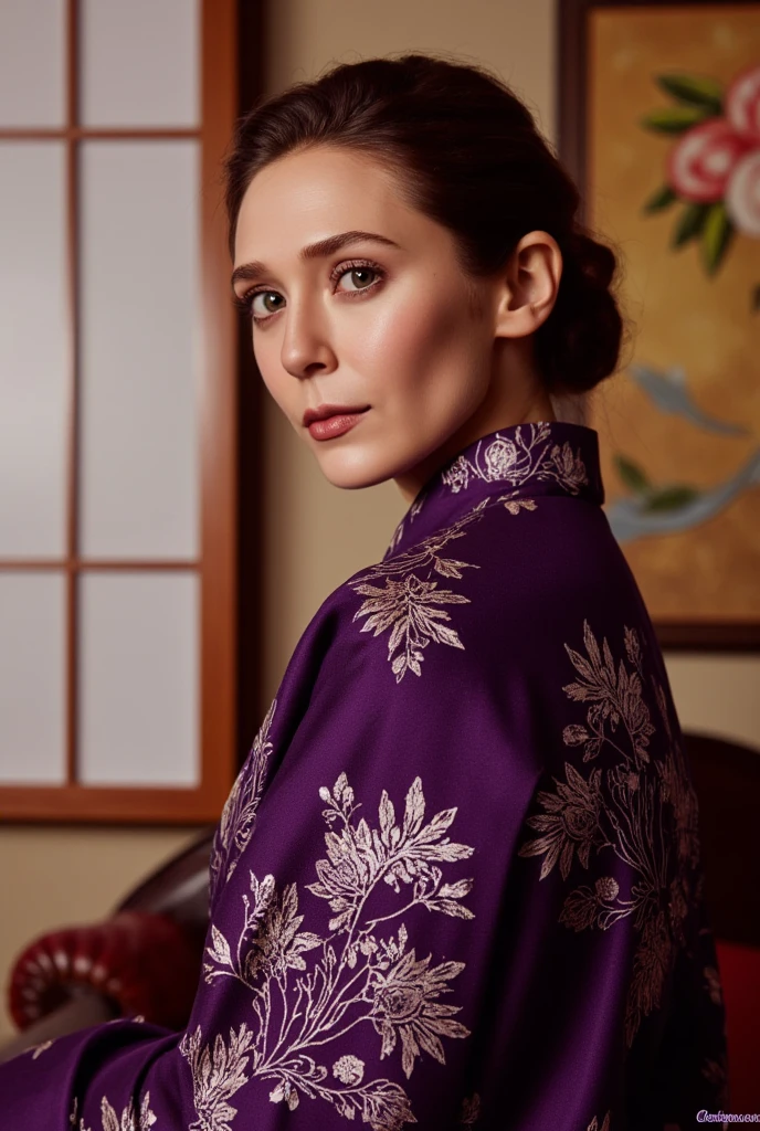 A Japanese young slender woman standing in a traditional Japanese room with gorgeous paintings . Wearing a luxualy purple Kimono.  turning back to the viewers. professional and cinematic lighting enhance her Beauty and mysterious atmosphere.