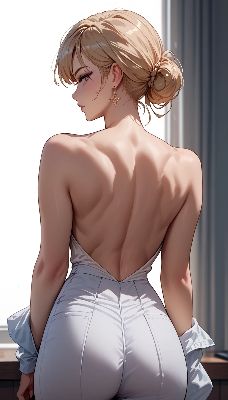 1woman, taking of her clothes, from behind, hair side parted, show her back , bare back