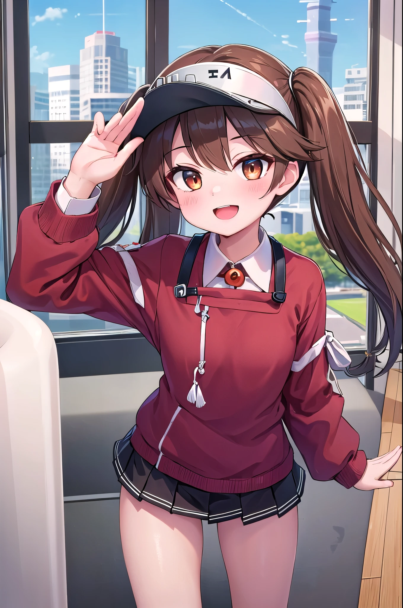   Masterpiece ,  best quality, ultra detail,  girl, Dragon Castle_Kantai Collection Office, standing,one hand salute, Window , smaller,brown_hair,  twin tails, brown_eye, correct, visor_ cap, His posts, length_hair, smile, open_mouth