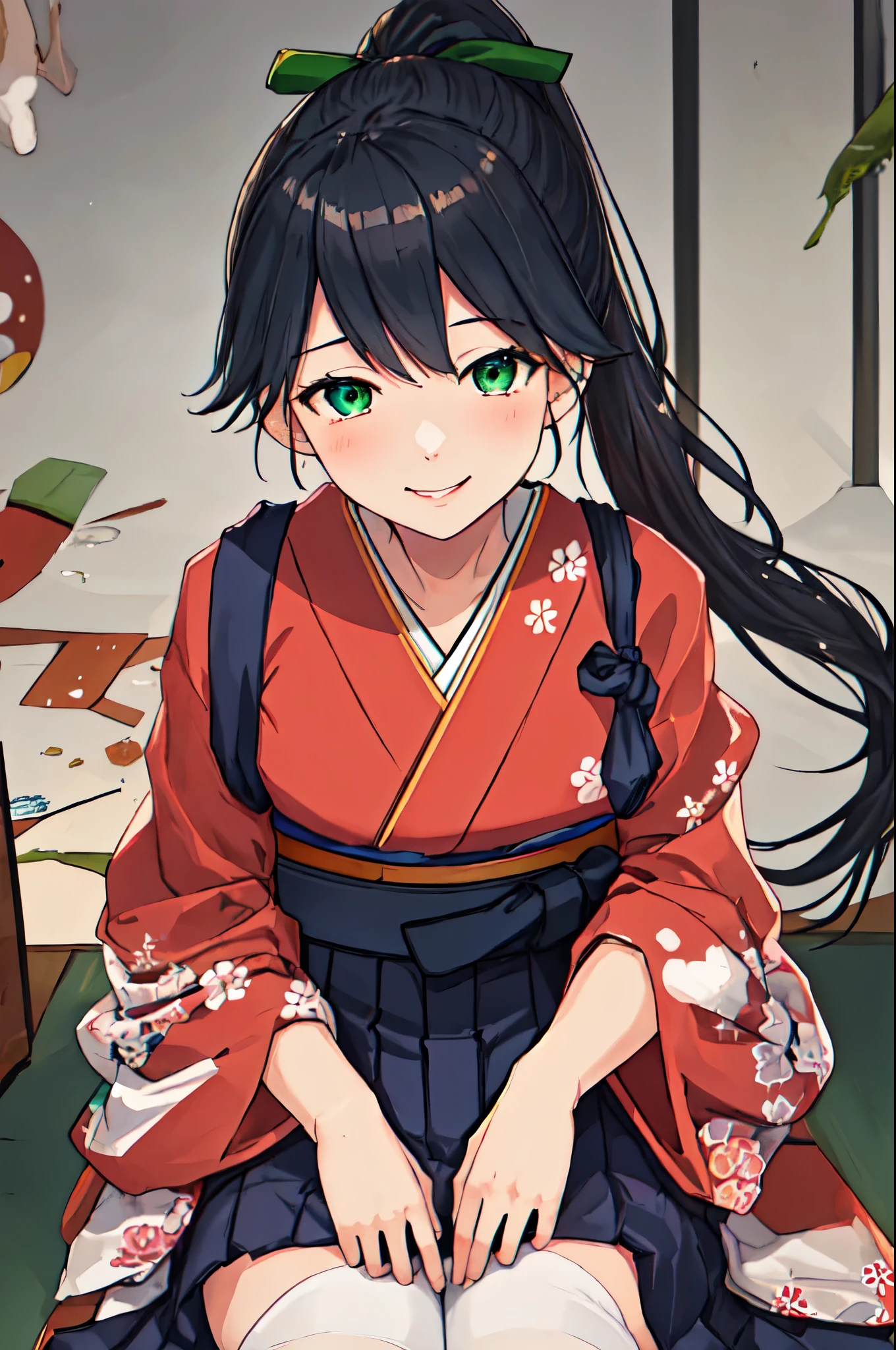  best quality,   Masterpiece ,  high definition , Alone, {Postage_  Fleet Collection:1.15}, black_hair, length_hair,  ponytail , smile, tasuki, , green_eye,  1 girl , Japanese_clothes, kimono,  watching _in_ viewer,  upper with t_body, ribbon