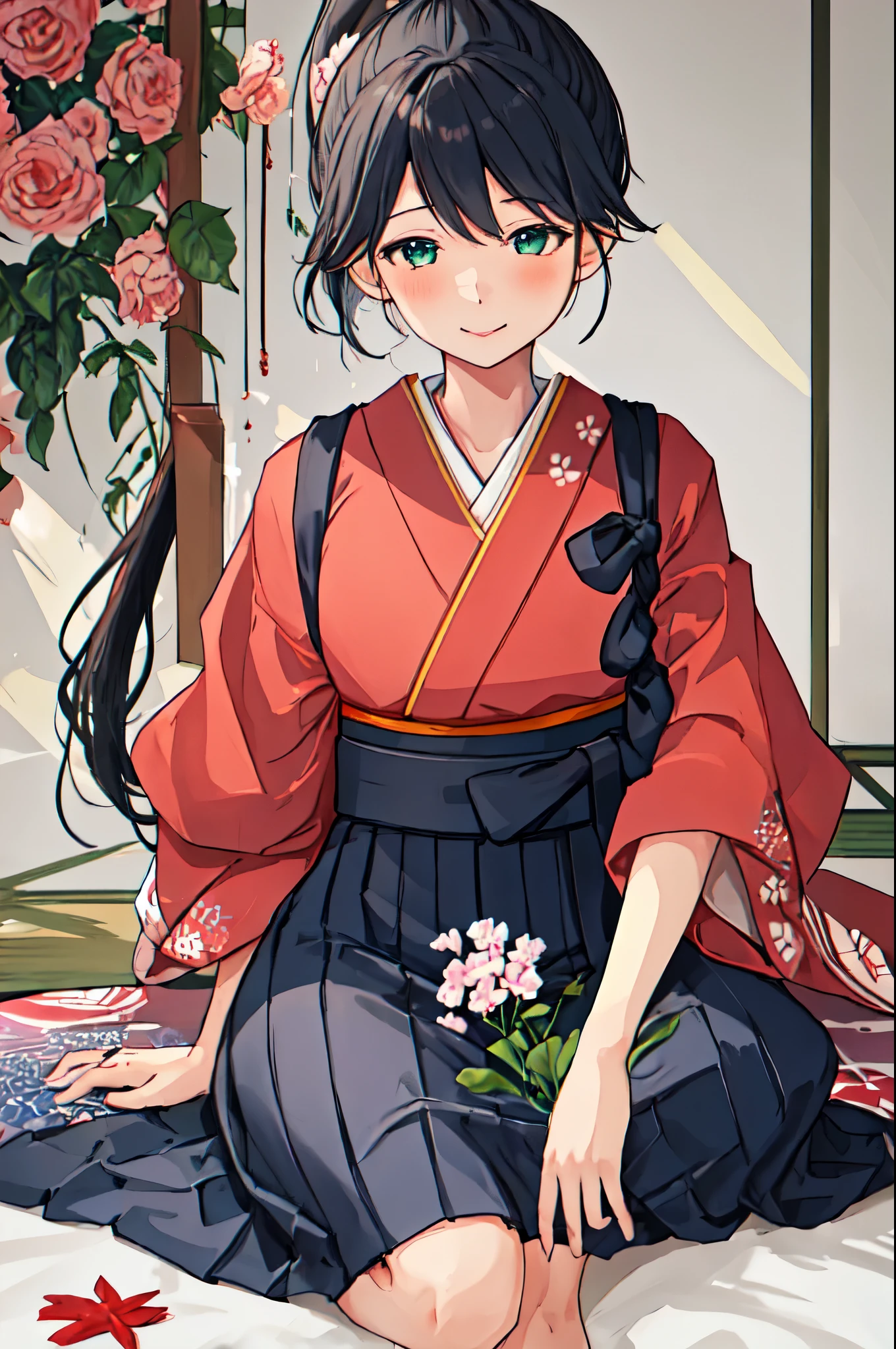  best quality,   Masterpiece ,  high definition , Alone, {Postage_  Fleet Collection:1.15}, black_hair, length_hair,  ponytail , smile, tasuki, , green_eye,  1 girl , Japanese_clothes, kimono,  watching _in_ viewer,  upper with t_body, ribbon