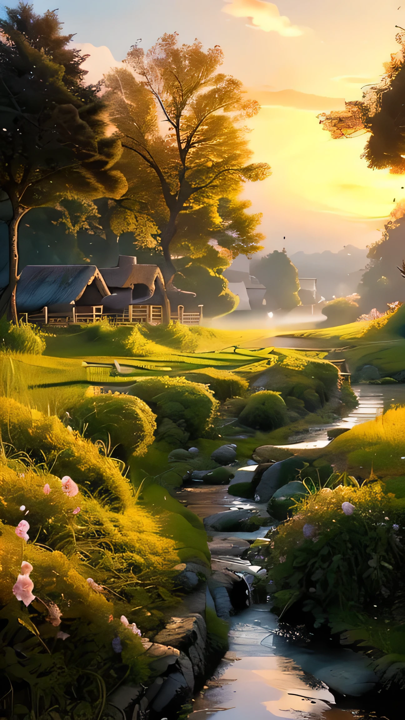 Idyllic countryside at golden hour, a peaceful Japanese rural landscape with traditional wooden houses surrounded by lush rice fields glowing in the sunlight. Majestic mountains rise in the background, shrouded in soft mist. A small river winds through the fields, leading to a quaint shrine beneath a blooming cherry tree. Gentle breeze sways the tall grasses, and a slow-moving river reflects the warm hues of the setting sun. The scene exudes serenity and timeless beauty, evoking nostalgia and harmony with nature.