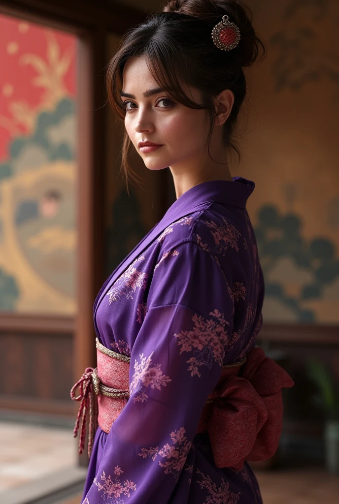 A Japanese young slender woman standing in a traditional Japanese room with gorgeous paintings . Wearing a luxualy purple Kimono.  turning back to the viewers. professional and cinematic lighting enhance her Beauty and mysterious atmosphere.