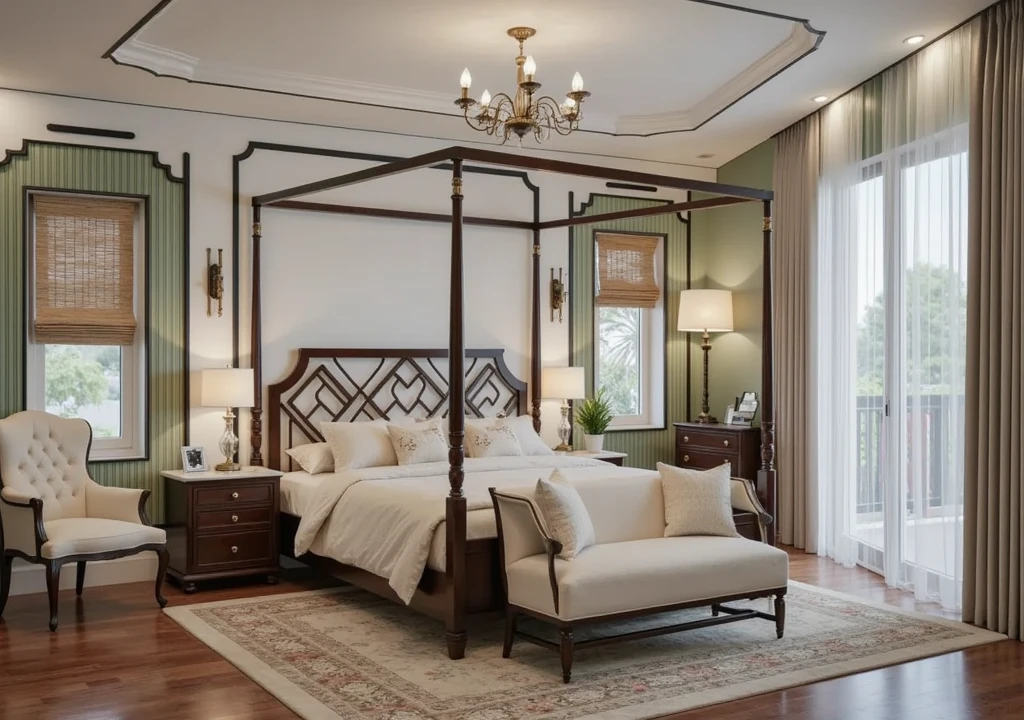 Designed a bedroom with a blend of Indochine (French Colonial in Southeast Asia) and Art Deco influences. The space is characterized by elegant furniture, rich colors, and intricate details. 

**Color Palette:** The room features a rich color palette with olive green walls, white and black trim, and cream-colored upholstery. This creates a sense of sophistication and warmth. 

**Wall Paneling and Molding:** Intricate wall paneling and molding, combining vertical stripes and geometric shapes, add depth and visual interest. 

* **Furniture:** Includes a dark wood four-poster bed with a geometric headboard, matching nightstands with marble tops, and a low dresser with an ornate mirror. A cream-colored armchair provides a cozy reading nook. 
* **Lighting:** Features a geometric chandelier, elegant bedside lamps, and a brass-accented floor lamp.
* **Accessories:** Incorporates woven bamboo window treatments, Art Deco-inspired artwork, and decorative objects in earthy tones, complemented by lush greenery. 

The design harmonizes the exotic elegance of Indochine with the geometric glamour of Art Deco, creating a luxurious and inviting atmosphere. Enhance the quality of rendered images! Here are some key suggestions: 1. **Resolution**: Increase the resolution for sharper and more detailed visuals. 2. **Lighting**: Experiment with different light sources and angles to achieve realistic effects. 3. **Materials and Textures**: Use high-quality textures and pay attention to details like reflections. 4. **Post-Processing**: Adjust contrast, brightness, and color balance after rendering to elevate the images. 5. **Render Settings**: Optimize settings like anti-aliasing and global illumination to enhance quality without extending rendering time. Implement these tips to create stunning visualizations!