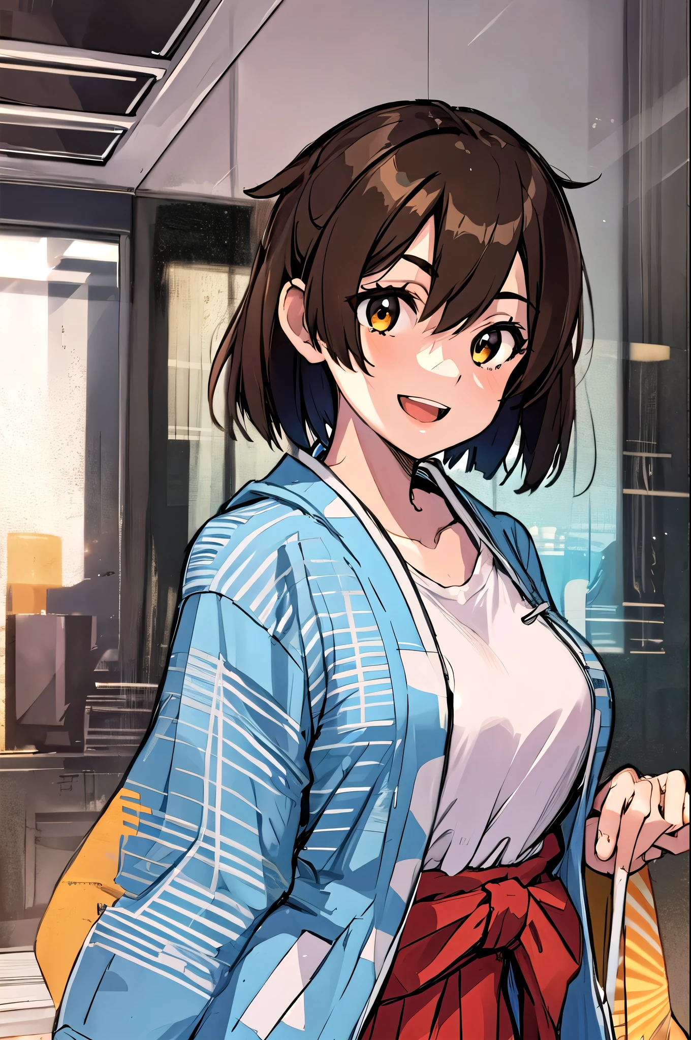  best quality,   Masterpiece ,  high definition , Alone, {hiryuu _  Fleet Collection:1.15}, short_hair, brown_hair, brown_eye, One_side_up, smile, chest, , big_chest, open_mouth,  1 girl , green_ Similarly ,  Similarly ,  Similarly _short_ skirt,  Similarly _ skirt, Japanese_clothes, kimono,  skirt,  watching _in_ viewer,  orange_kimono, wide_sleeve, green_ skirt, yellow_kimono