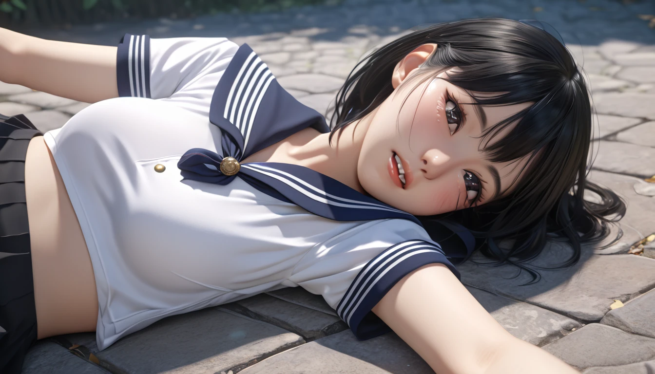 beautiful detailed eyes, beautiful detailed lips, extremely detailed eyes and face, longeyelashes, 1girl, asian, short black hair, skinny, big breasts, sailor uniform, miniskirt, lying on ground, being multigroped, blushing, moaning, (best quality,4k,8k,highres,masterpiece:1.2),ultra-detailed,(realistic,photorealistic,photo-realistic:1.37),anime,highly detailed,intricate details, cinematic lighting, dramatic colors, cinematic composition, beautiful background