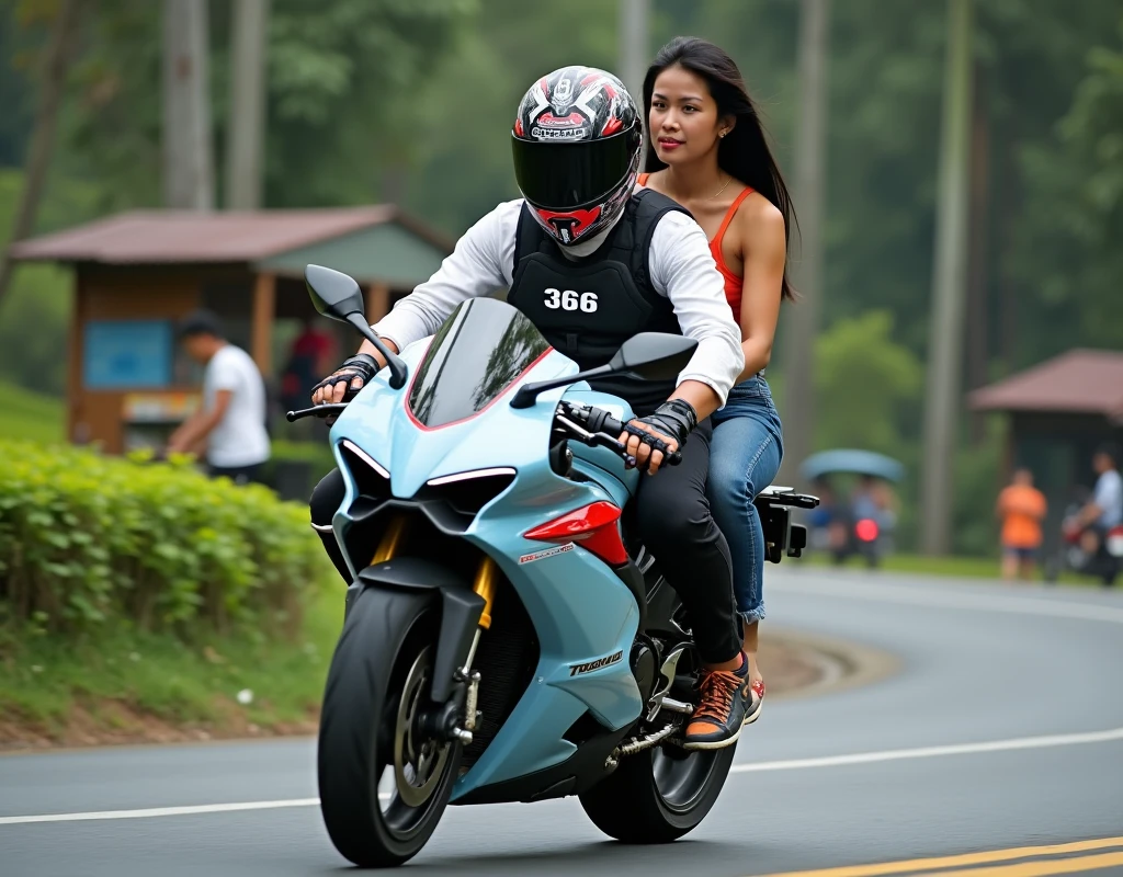 A couple riding a motorcycle