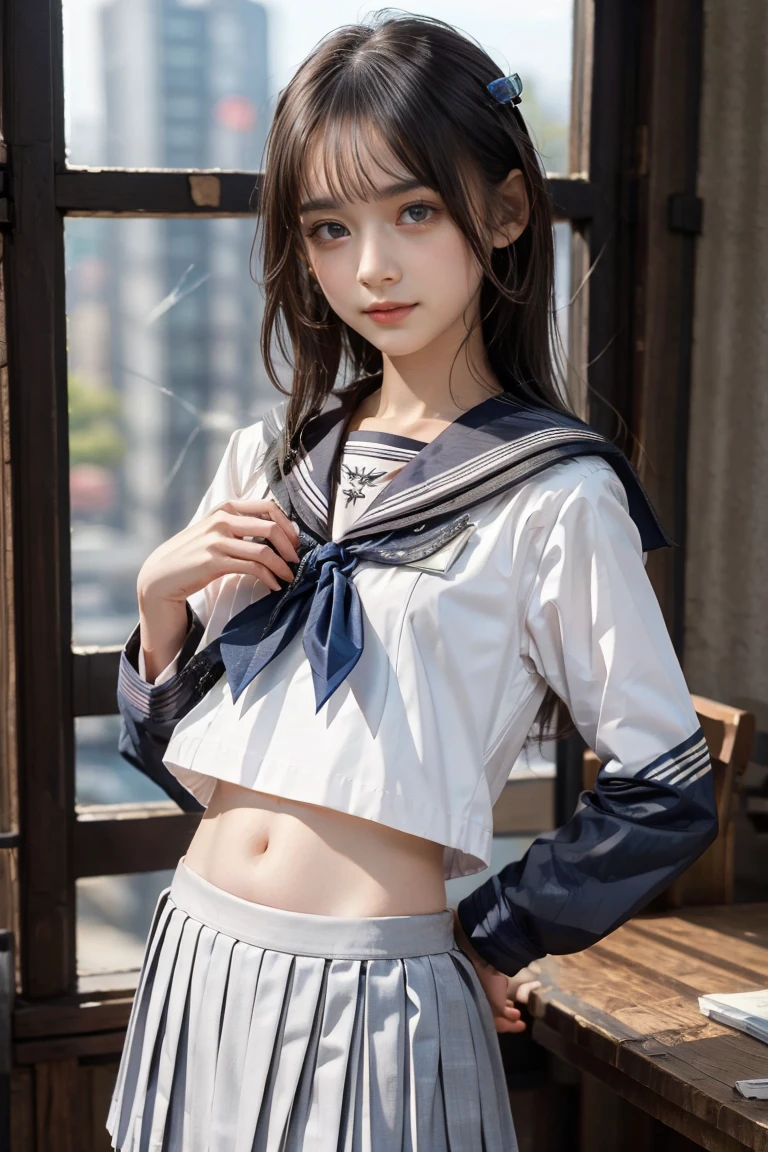 (Flat Chest:1.2)、(Sailor Uniform:1.5)、80s Japanese Idol Hairstyle、teenager、embarrassed、 out of your belly button、masterpiece、 best quality、 Max Image、 high definition 、 realistic 、 RAW photo、8k、 slender body、 girl、 long lashes、Thin Nose、 beautiful face、Dripping love juice、look at viewer