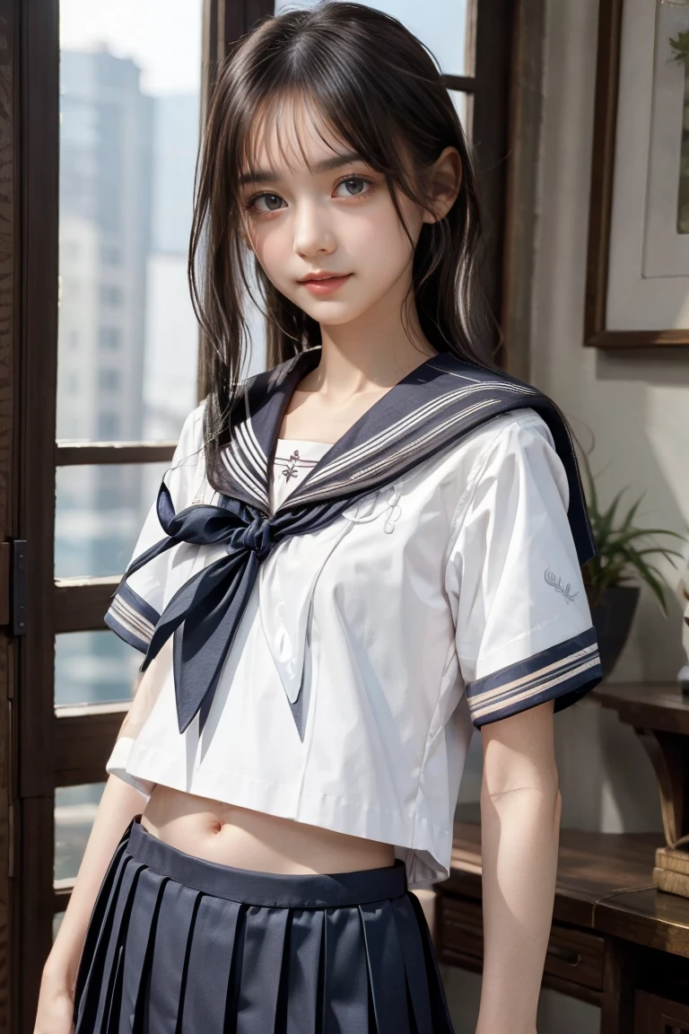 (Flat Chest:1.2)、(Sailor Uniform:1.5)、80s Japanese Idol Hairstyle、teenager、embarrassed、 out of your belly button、masterpiece、 best quality、 Max Image、 high definition 、 realistic 、 RAW photo、8k、 slender body、 girl、 long lashes、Thin Nose、 beautiful face、Dripping love juice、look at viewer