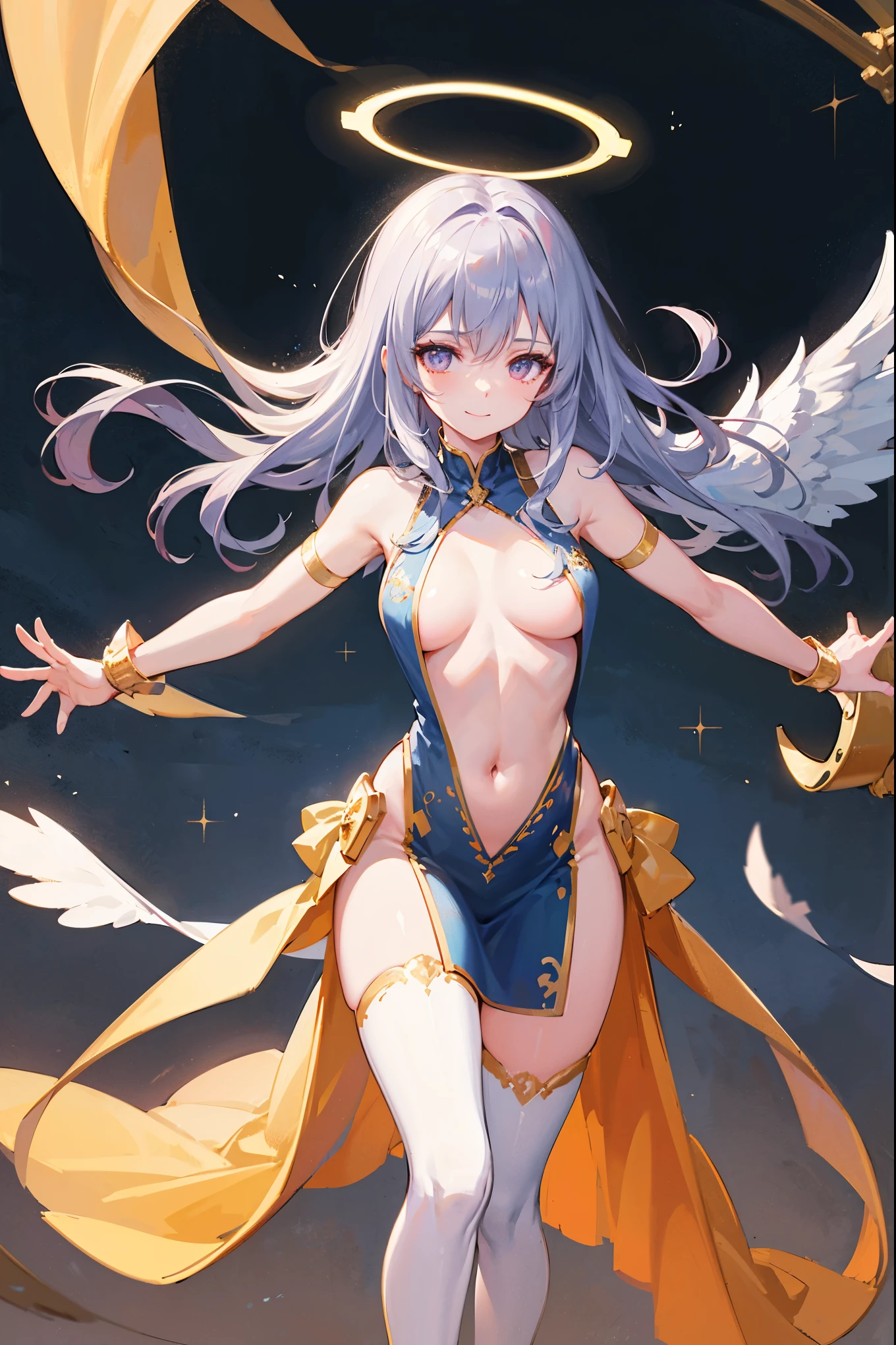 masterpiece, best quality, integrated scenery, integrated background, extremely delicate and beautiful, meticulous details, good composition, cute face, perfect face, perfect hands,  fantasy, 1angel_girl, low_****,blue_hair,long_bangs, (light_skin),bare_outside_chest, bare_flank, thighhighs,silver_shiny_armor, (naked_sidelock_tabard:1.3),side_cutout,waist_armor, Glebe, grab_swords, medium_breasts, dynamic_flying_pose,Floating, (1pair_white_wings:1.2),(pelvic_curtain:1.3), silver_Headgear ,looking_down_at_sunset_city_sky_background,slightly_spread_legs, 1swords,solo,glare_halo,smile,open_legs,open_arms,rise_knee,rise_leg,rise_thigh,rise_leg,forward_leaning_posture,apart_legs, glitter_gold_eyes, fine_gold_embroidery,(covered_navel:0.3),(covered_nipples:0.3),