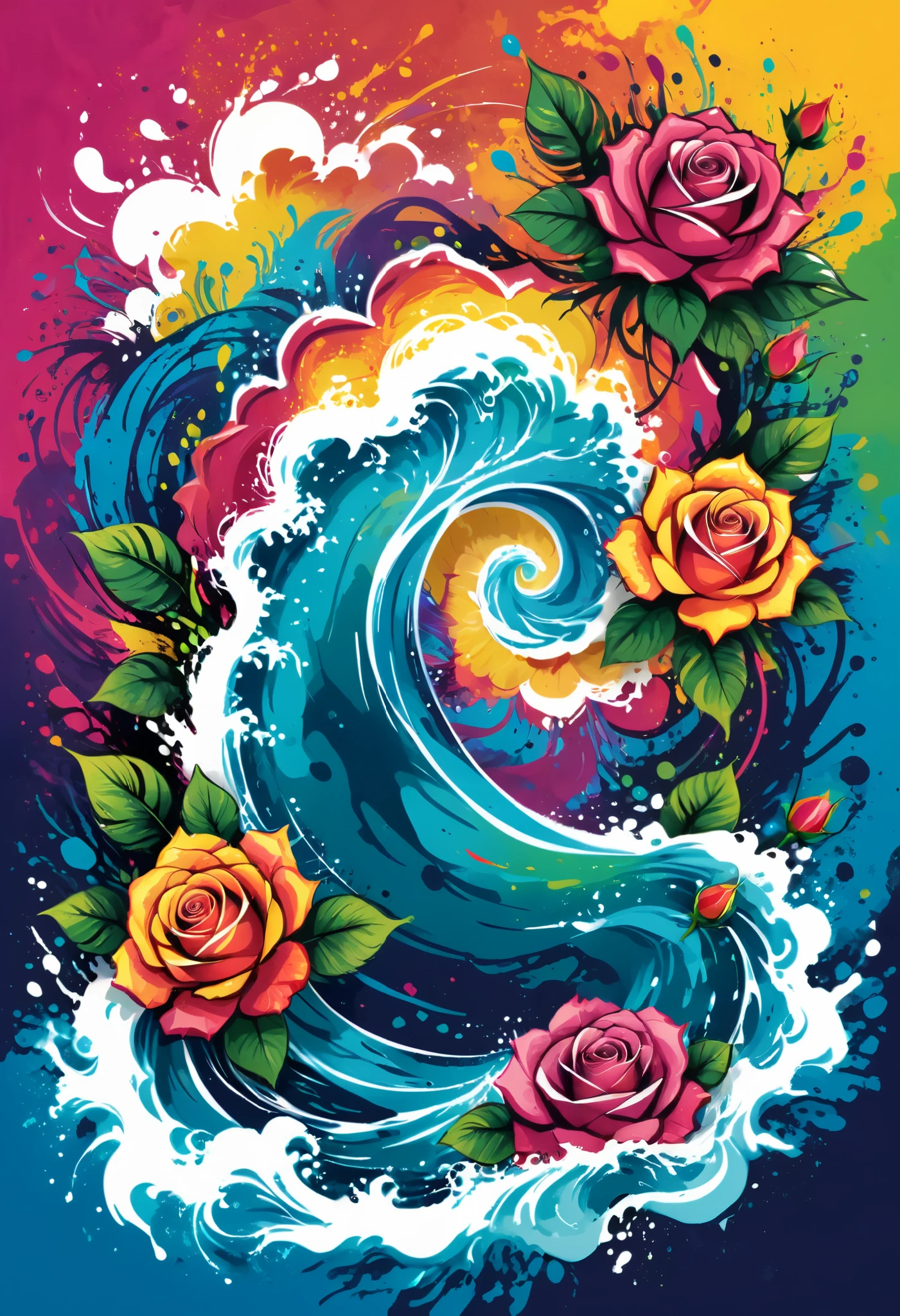 A t-shirt with vector art of a colorful illustration with roses, At the center, swirly vibrant colors, paint splashes and smears, high détail,Hawaii Background (artwork, best quality, proffesional, perfect composition, very aesthetic, absurdrez, super verbose, Intricate details:1.3)
