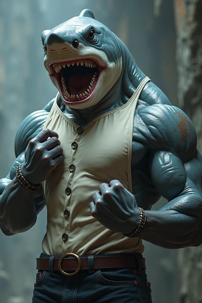 Strong and muscular mixed race man, with a shark head costume on his head, with navy blue underwear with “MOCANO” written in large capital letters on the elastic of the underwear, with a curious man watching in the room.
