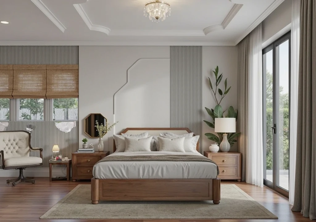 Designed a bedroom with a blend of Indochine (French Colonial in Southeast Asia) and Art Deco influences. The space is characterized by elegant furniture, rich colors, and intricate details. 

**Color Palette:** The room features a rich color palette with olive green walls, white and black trim, and cream-colored upholstery. This creates a sense of sophistication and warmth. 

**Wall Paneling and Molding:** Intricate wall paneling and molding, combining vertical stripes and geometric shapes, add depth and visual interest. 

* **Furniture:** Includes a dark wood four-poster bed with a geometric headboard, matching nightstands with marble tops, and a low dresser with an ornate mirror. A cream-colored armchair provides a cozy reading nook. 
* **Lighting:** Features a geometric chandelier, elegant bedside lamps, and a brass-accented floor lamp.
* **Accessories:** Incorporates woven bamboo window treatments, Art Deco-inspired artwork, and decorative objects in earthy tones, complemented by lush greenery. 

The design harmonizes the exotic elegance of Indochine with the geometric glamour of Art Deco, creating a luxurious and inviting atmosphere. Enhance the quality of rendered images! Here are some key suggestions: 1. **Resolution**: Increase the resolution for sharper and more detailed visuals. 2. **Lighting**: Experiment with different light sources and angles to achieve realistic effects. 3. **Materials and Textures**: Use high-quality textures and pay attention to details like reflections. 4. **Post-Processing**: Adjust contrast, brightness, and color balance after rendering to elevate the images. 5. **Render Settings**: Optimize settings like anti-aliasing and global illumination to enhance quality without extending rendering time. Implement these tips to create stunning visualizations!