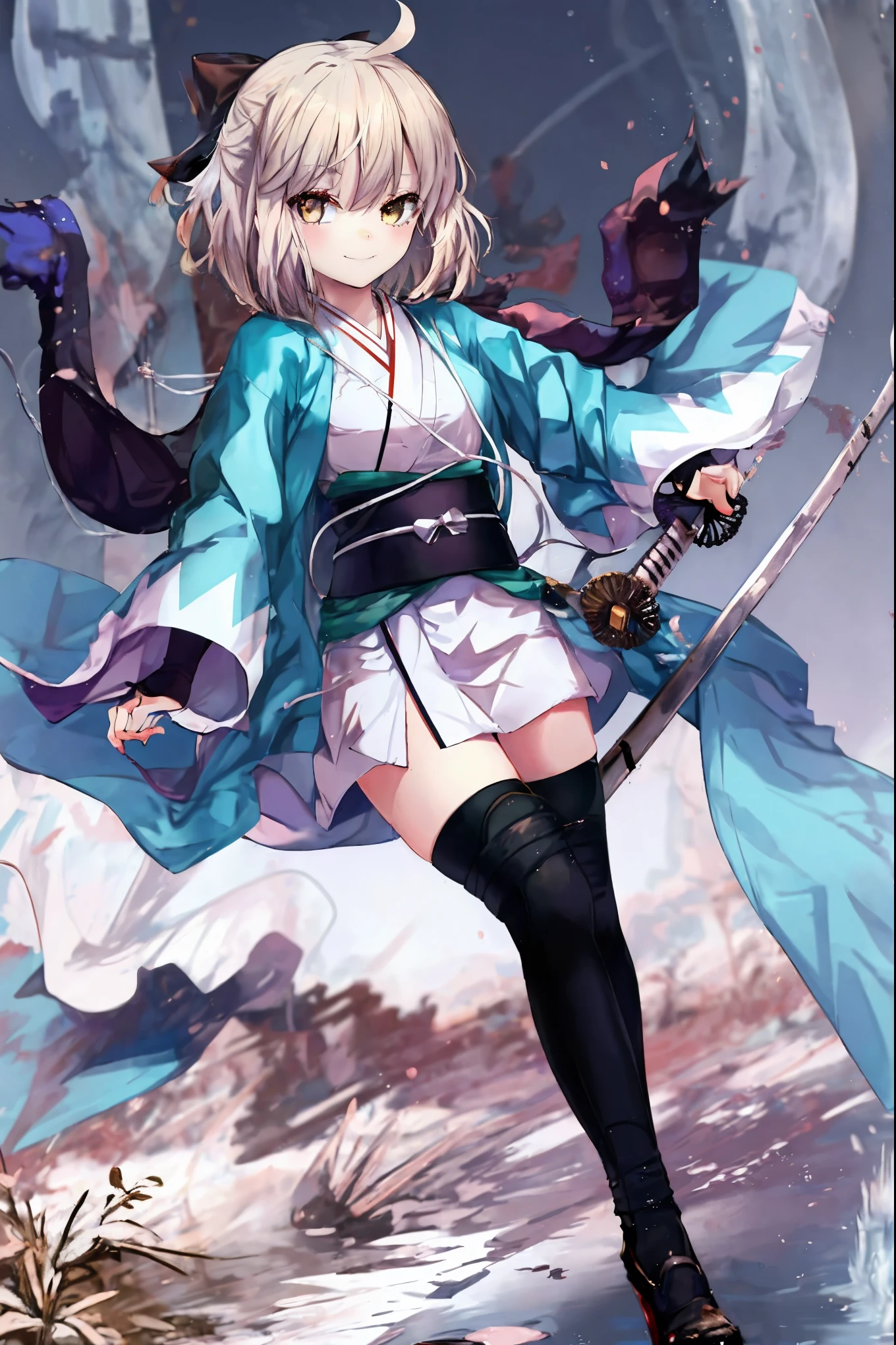 masterpiece, best quality, integrated scenery, integrated background, extremely delicate and beautiful, meticulous details, good composition, , cute face, perfect face, perfect hands, , best quality,extremely detailed CG unity 8k wallpaper,
1girl,okita souji \(fate\), white_nosleeves_short_kimono,
 smile,dynamic_posing,happy,gold_half_eyes, thigh-highs,medium_breasts. 1katana,prepare_katana, katana_sheath_without_katana,night_background,old_japanese_town_landscape,