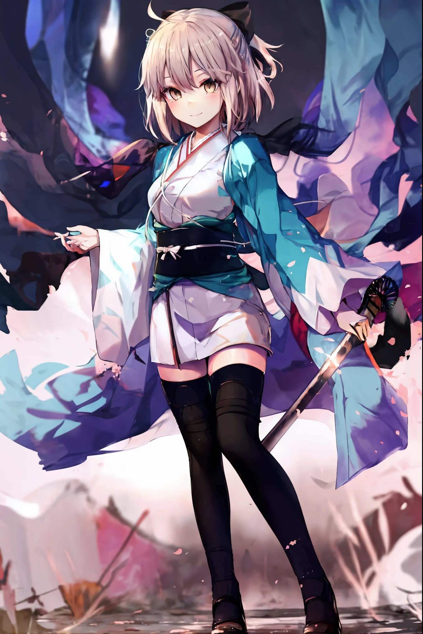 masterpiece, best quality, integrated scenery, integrated background, extremely delicate and beautiful, meticulous details, good composition, , cute face, perfect face, perfect hands, , best quality,extremely detailed CG unity 8k wallpaper,
1girl,okita souji \(fate\), white_nosleeves_short_kimono,
 smile,dynamic_posing,happy,gold_half_eyes, thigh-highs,medium_breasts. 1katana,prepare_katana, katana_sheath_without_katana,night_background,old_japanese_town_landscape,