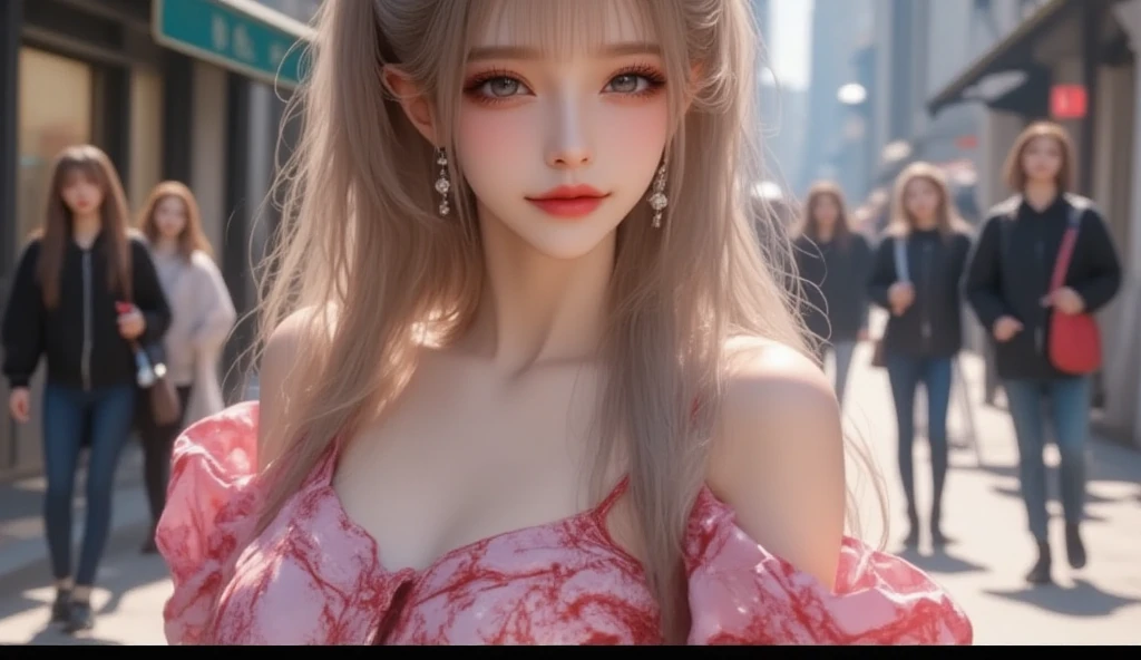 (masterpiece, Best picture quality, 8k), Real photo,Idol appearance, adult,  perfection of fashion,  Korean makeup, Lip Tint, whole body,frontal,Outdoor,A faint smile, Busy City Streets, Exquisitely Painted , Realistic,  ultra high definition ,  smooth skin ,  The highly detailed , High quality,  high detail,  high resolution,  out of focus background, pictorial, Standup, Solo, female,Celebrity,Celebrity 패션,  cowboy shot from bellow