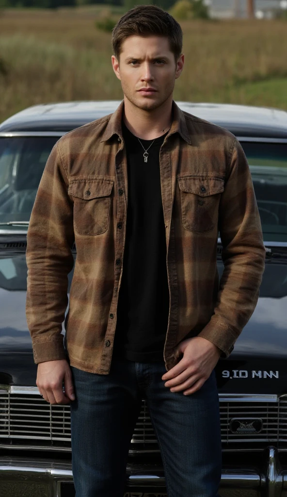 Sexy Dean Winchester, handsome man , in front of his impala car, wearing flannel shirt 