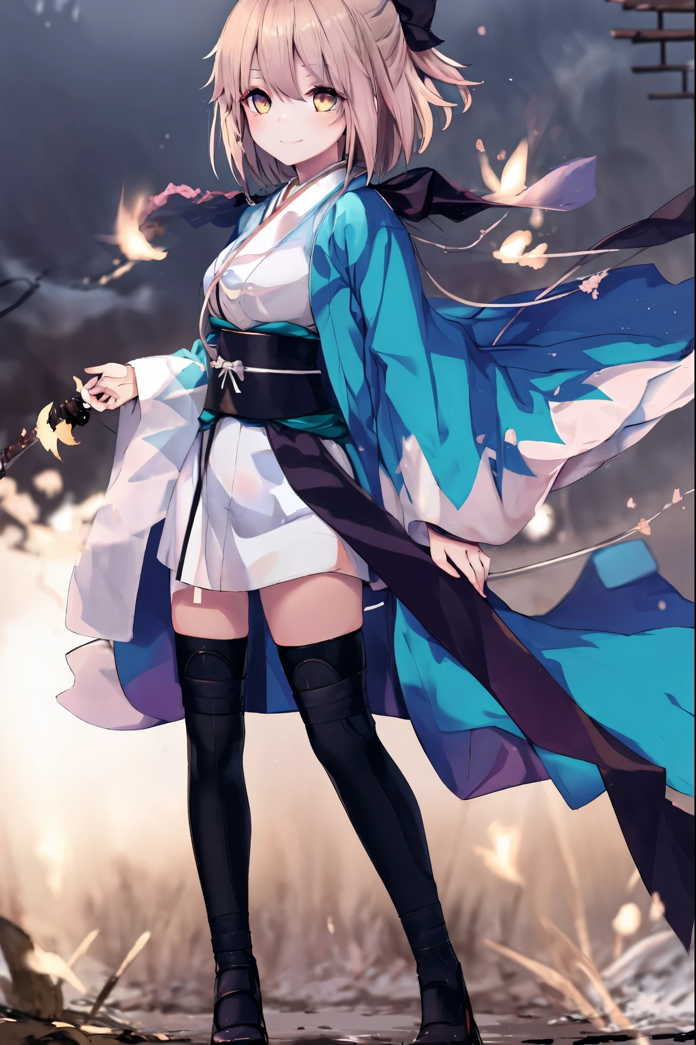 masterpiece, best quality, integrated scenery, integrated background, extremely delicate and beautiful, meticulous details, good composition, , cute face, perfect face, perfect hands, , best quality,extremely detailed CG unity 8k wallpaper,
1girl,okita souji \(fate\), white_nosleeves_short_kimono,
 smile,dynamic_posing,happy,gold_half_eyes, thigh-highs,medium_breasts. 1katana,prepare_katana, katana_sheath_without_katana,night_background,old_japanese_town_landscape,