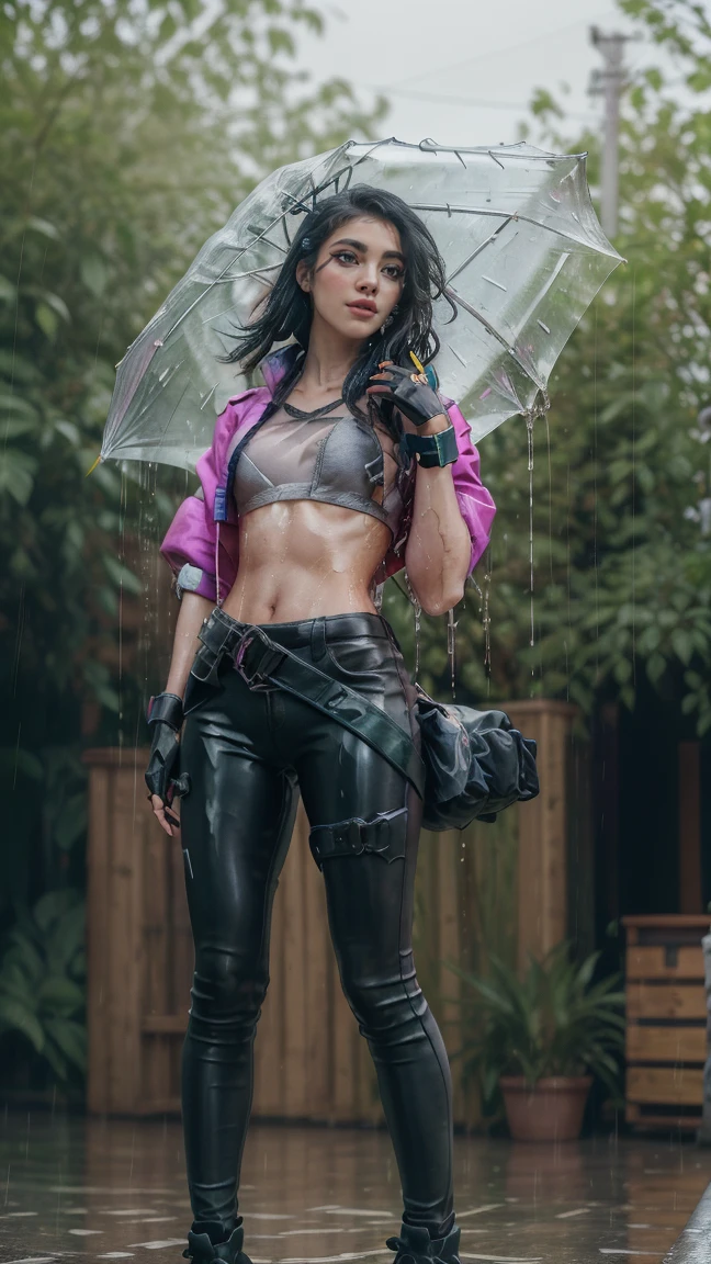 (masterpiece), best quality, expressive eyes, perfect face, Chinese girl, smoked eyes, makeup, 1girl, raining, black hair, black eyes,(high quality eyes), ponytail, scar on face, outdoors, looking at viewer, white robes, midriff, navel, collarbone, leather leggings, valorant, transparent clothing, shoes, full body, seducing poses, bikini visible through transparent clothing wet, latex, smiling, armpit,