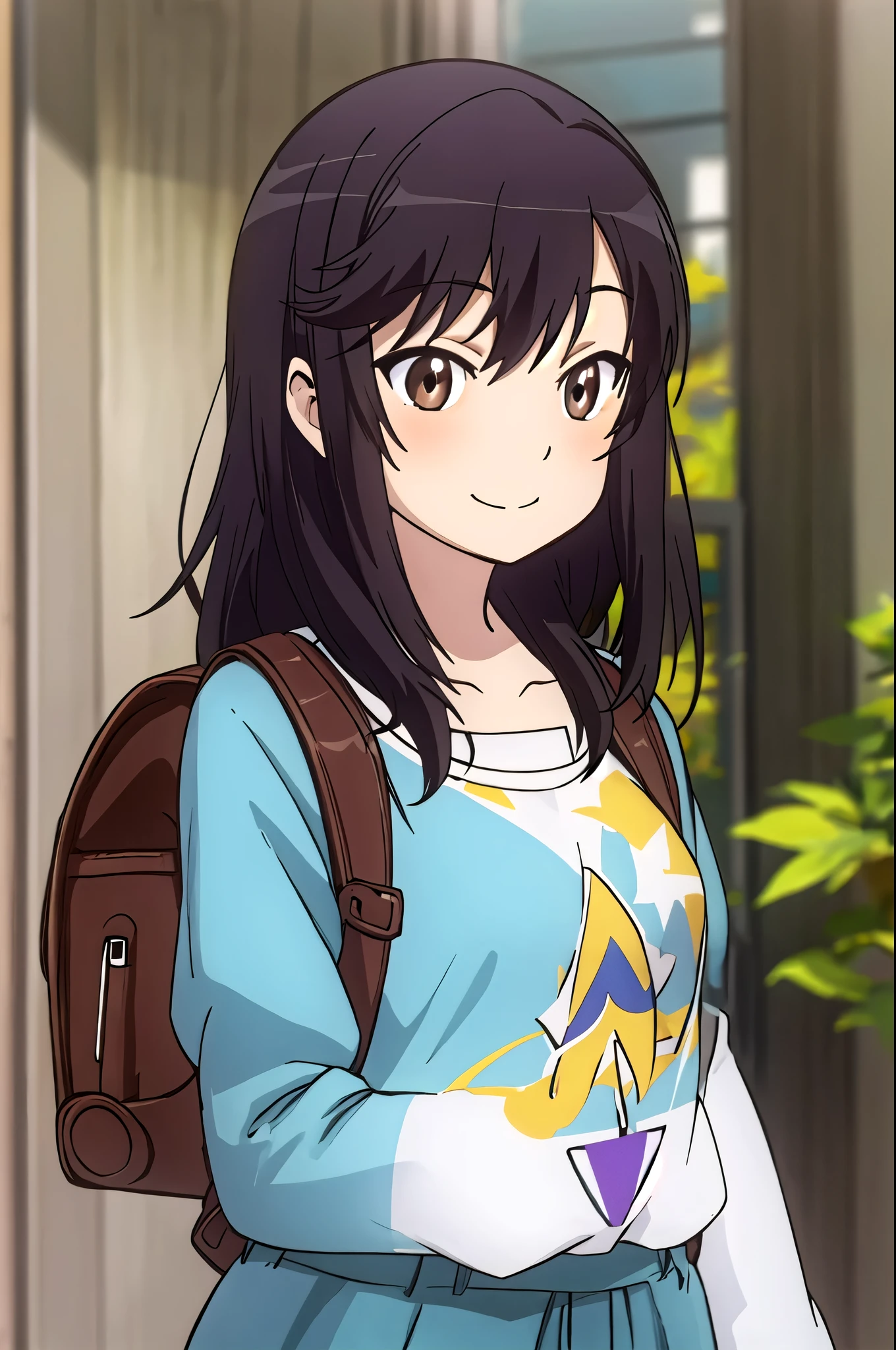  best quality,   Masterpiece ,  high definition , Alone, {One_Firefly_nonnonbiyori:1.15}, black_hair, length_hair, brown_eye, , brown_hair,  1 girl ,   backpack, bag, clavicle,  school bags ,  shirt, smile