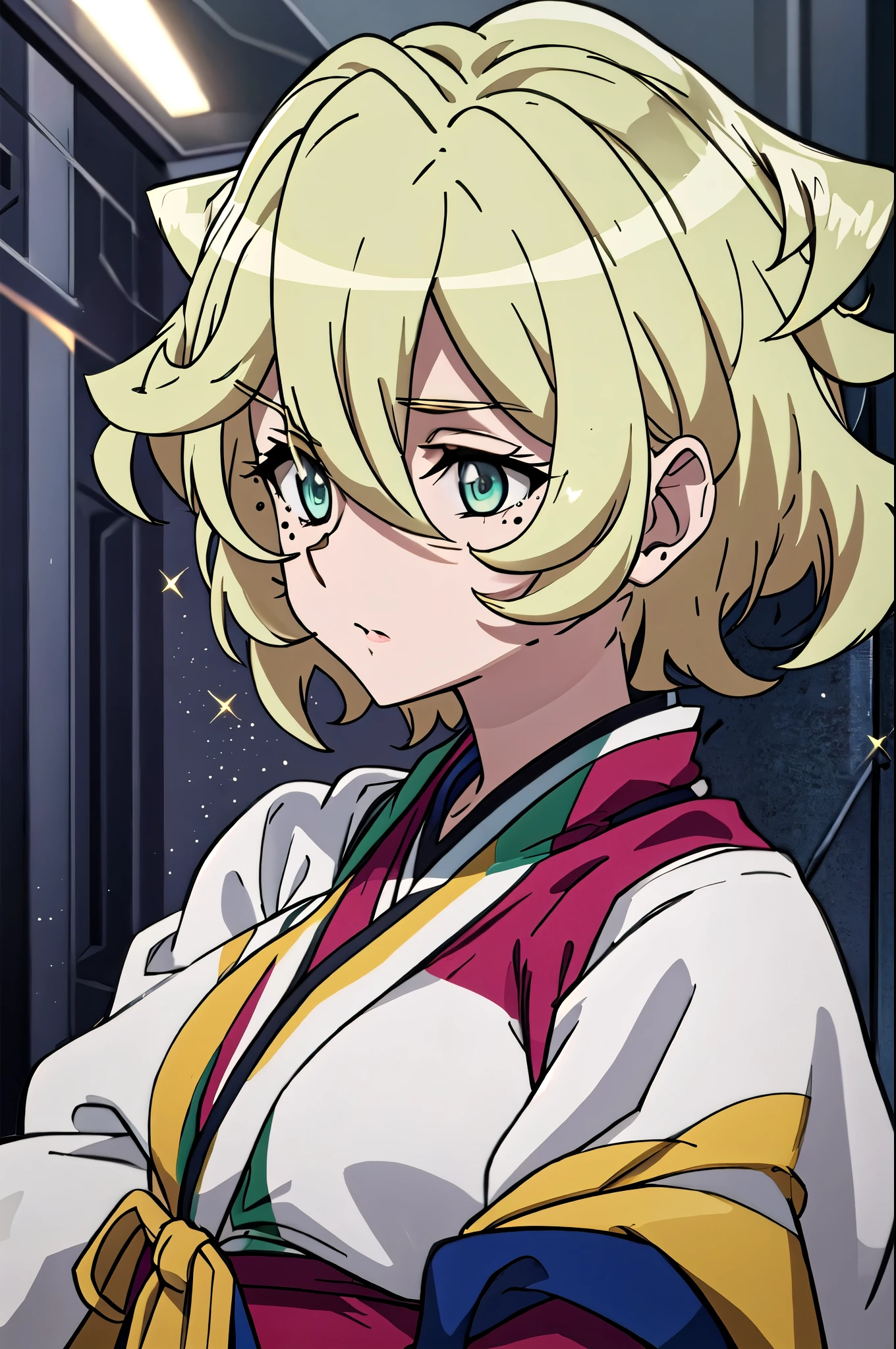  best quality,   Masterpiece ,  high definition , Alone, { white kimono:1.35}, {Red Hakama:1.35}, { wide sleeve :1.20}, {Carol__ Dienheim_  look behind Sengoku Symphogear:1.15},  blonde alone_hair, green_eyes, short_hair, mole, mole_Down_eye, hair_between_eyes,  upper with t_body, closure_mouth, Sparkling_hair, Anime_Coloring, Sparkling