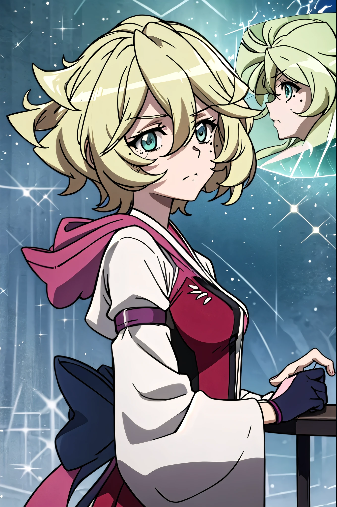  best quality,   Masterpiece ,  high definition , Alone, { white kimono:1.35}, {Red Hakama:1.35}, { wide sleeve :1.20}, {Carol__ Dienheim_  look behind Sengoku Symphogear:1.15},  blonde alone_hair, green_eyes, short_hair, mole, mole_Down_eye, hair_between_eyes,  upper with t_body, closure_mouth, Sparkling_hair, Anime_Coloring, Sparkling