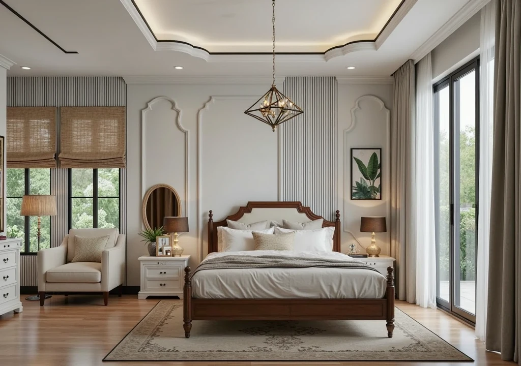 Designed a bedroom with a blend of Indochine (French Colonial in Southeast Asia) and Art Deco influences. The space is characterized by elegant furniture, rich colors, and intricate details. 

**Color Palette:** The room features a rich color palette with olive green walls, white and black trim, and cream-colored upholstery. This creates a sense of sophistication and warmth. 

**Wall Paneling and Molding:** Intricate wall paneling and molding, combining vertical stripes and geometric shapes, add depth and visual interest. 

* **Furniture:** Includes a dark wood four-poster bed with a geometric headboard, matching nightstands with marble tops, and a low dresser with an ornate mirror. A cream-colored armchair provides a cozy reading nook. 
* **Lighting:** Features a geometric chandelier, elegant bedside lamps, and a brass-accented floor lamp.
* **Accessories:** Incorporates woven bamboo window treatments, Art Deco-inspired artwork, and decorative objects in earthy tones, complemented by lush greenery. 

The design harmonizes the exotic elegance of Indochine with the geometric glamour of Art Deco, creating a luxurious and inviting atmosphere. Enhance the quality of rendered images! Here are some key suggestions: 1. **Resolution**: Increase the resolution for sharper and more detailed visuals. 2. **Lighting**: Experiment with different light sources and angles to achieve realistic effects. 3. **Materials and Textures**: Use high-quality textures and pay attention to details like reflections. 4. **Post-Processing**: Adjust contrast, brightness, and color balance after rendering to elevate the images. 5. **Render Settings**: Optimize settings like anti-aliasing and global illumination to enhance quality without extending rendering time. Implement these tips to create stunning visualizations!