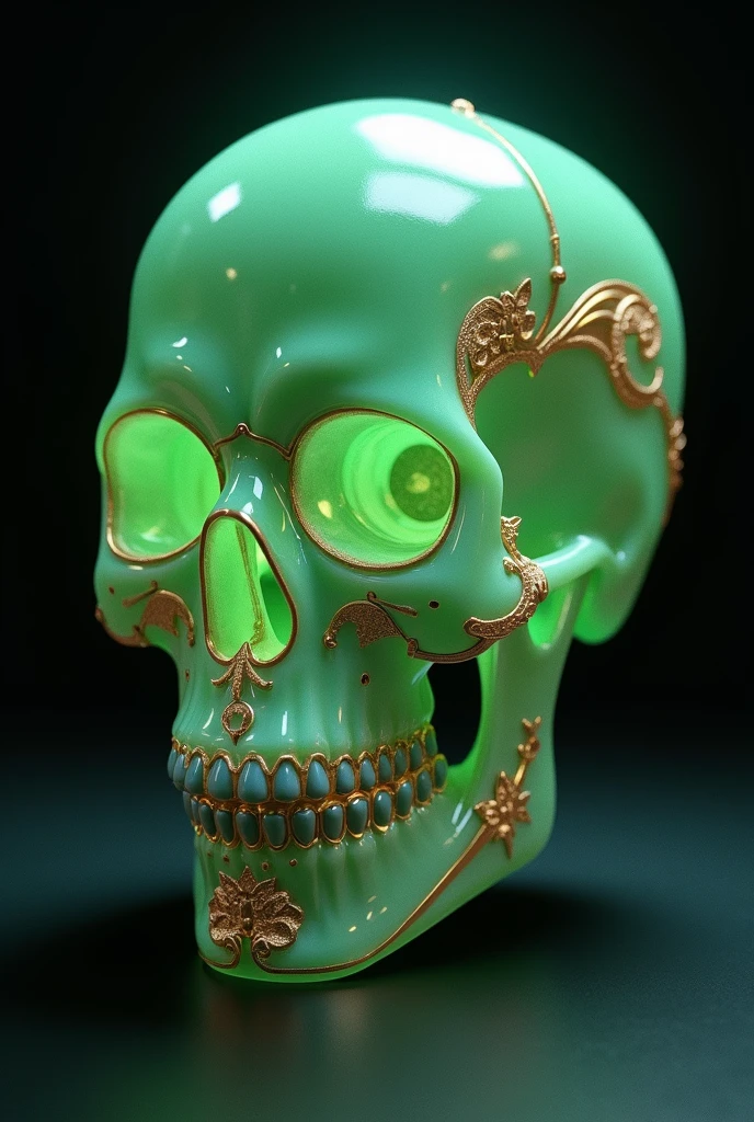 There is a skull that has two emeralds in its eye sockets.