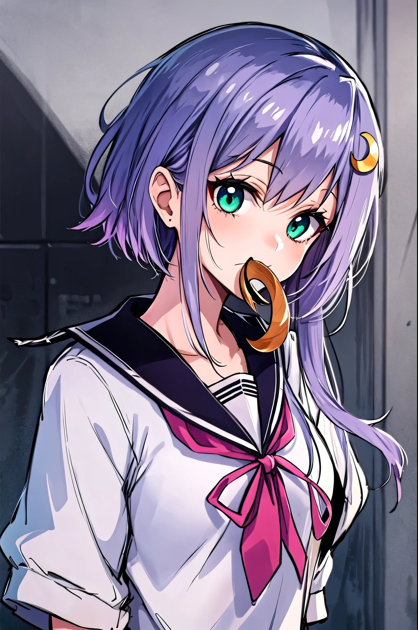  best quality,   Masterpiece ,  high definition , Alone, {Yayoi_  Fleet Collection:1.15}, short_hair_and_length_rock, crescent, crescent_hair_ Ornament,  purple _hair, hair_ Ornament, green_eye, , Seraph, short_hair, length_hair,  1 girl ,  watching _in_ viewer, Sailor_ color, School_uniform,  upper with t_body, closure_mouth