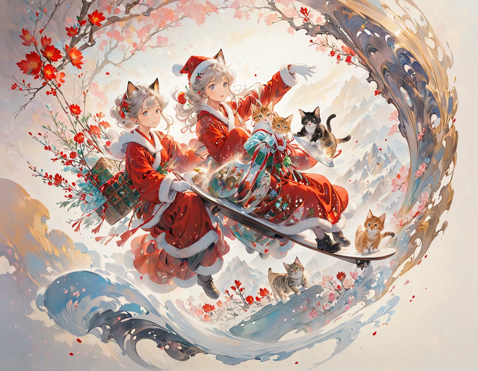 1 Female\(Cat ears,とてもbeautiful, white skin, Santa Claus Outfit ,  Santa Claus hat, is riding a snowboard, A , kitten with long hair fluttering is riding on a woman's head,It enhances the elegance and dignity emanating from the presence of women ,  Her hair is carefully styled , \),whole body,background\( snowy mountains,winter,\),  soft light,Watercolor, 、(masterpiece:1.2,  best quality, ), official art using high quality hand drawn watercolor sketching techniques,(correct hands:1.2), double exposure flat vector , image ( perfection解剖结构 ) ，perfection, beautiful,  complicated illustration, 夢のような幻想的な作品コンセプチュアルアートmasterpiece,  best quality,  super detailed, 高品質な繊細なWatercolorスタイルのフラットベクター,  An atmosphere that makes you feel happy and fun  , high fantasy worldview ,　壮大な構図と比率のbeautiful描写,  corrosion encirclement rays family color , The world shines with kindness and joy