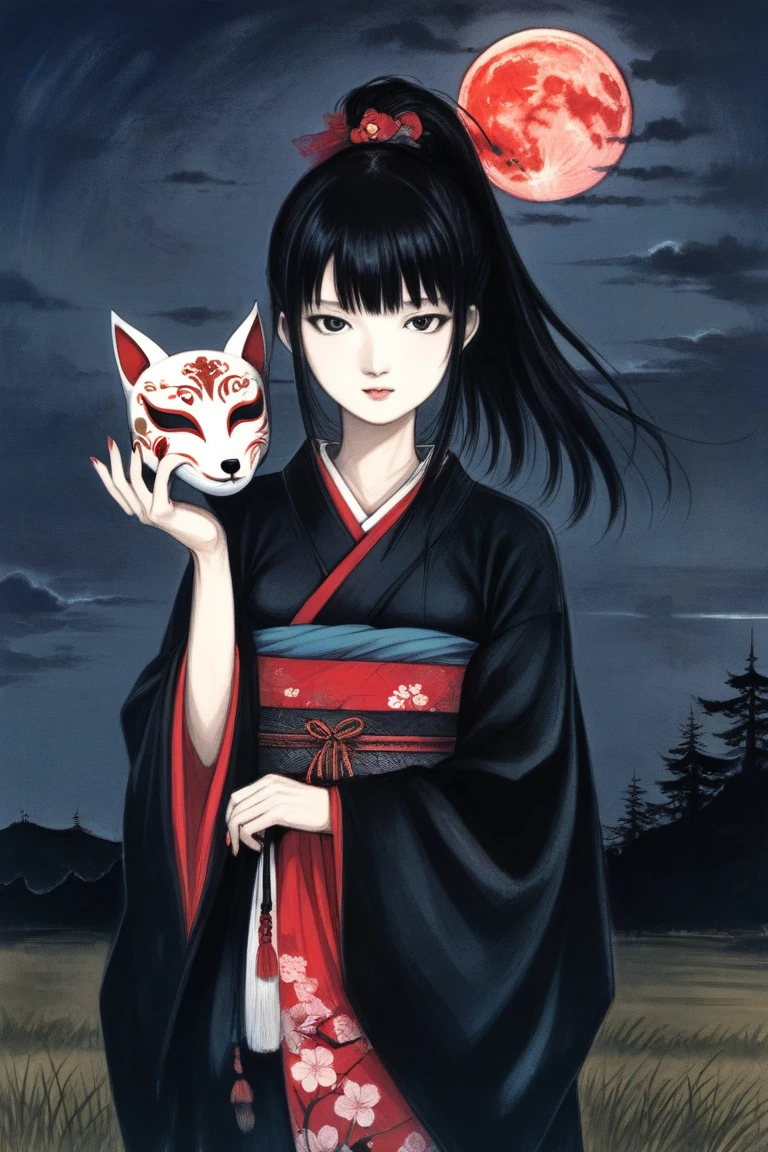 by Yoshitaka Amano, (Broad lighting),  low key lighting , Picturesque, dark(  fantasy art, (Yoshitaka Amano)), (Full-length portrait of a woman,Holding a fox mask in his hand, suzuka nakamoto xl,  black ponytail hair with a fox mask on her hand), Night grassland background, (Red Moon, Black kimono , Red accents), Cherry trees in full bloom, Cherry Blossom Snowstorm