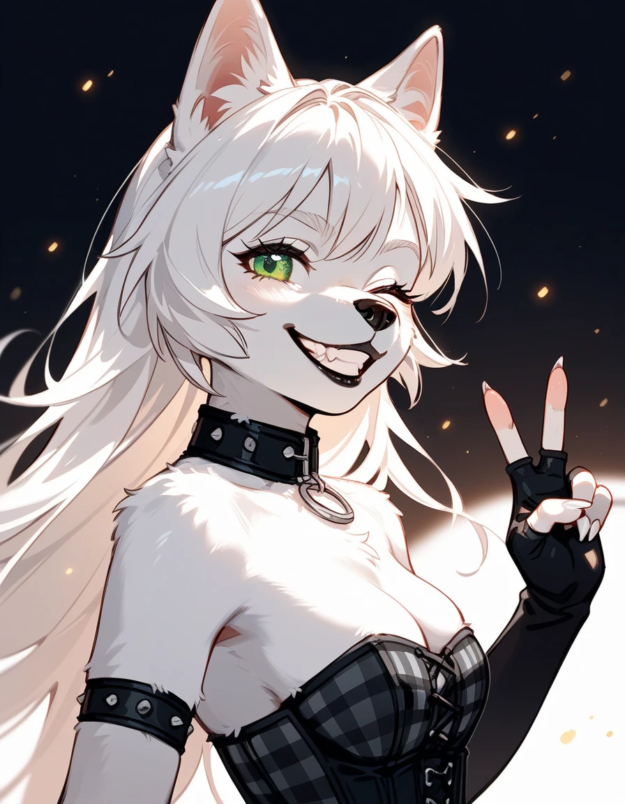 Solo, score_9,score_8_up,score_7_up, source_cartoon, source_furry, an Anthro furry white husky girl, green eyes, husky dog female, all white fur, long straight white hair, black lips,white ears, white tail, wearing black corset, black arm warmers and fingerless gloves, black and white plaid skirt, abstract black and white background, close up, portrait, soft lines, soft colors, soft shading, cocky smile, side view, holding up peace sign with fingers, winking, playfully sticking her tongue out, blep