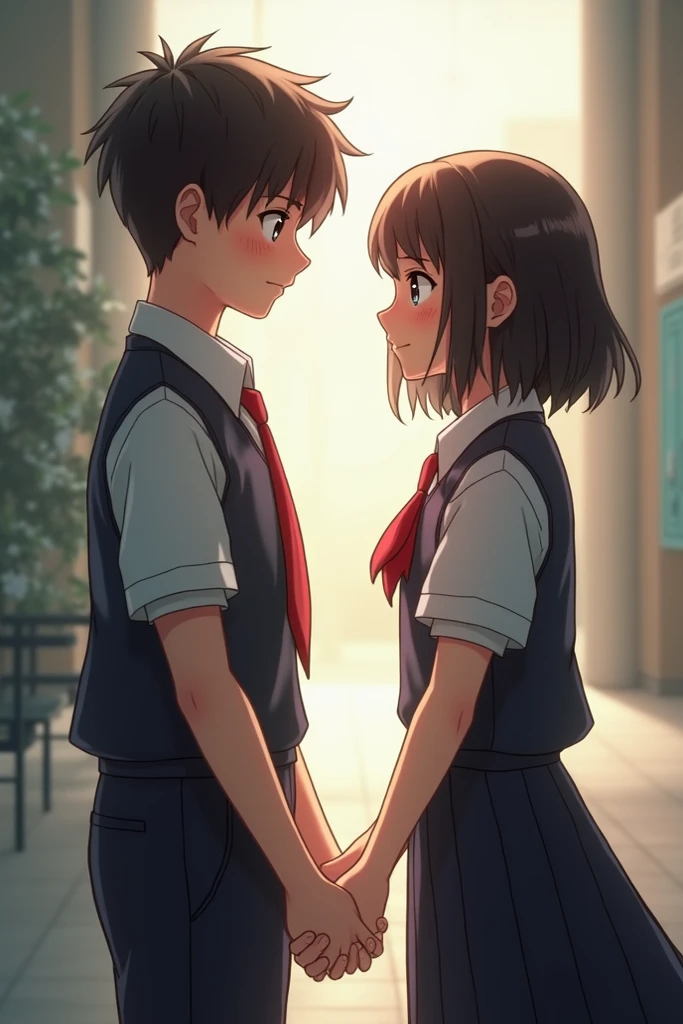 The school’s gate, with students saying goodbye. The boy and girl stand apart, their eyes filled with both hope and sadness. They exchange a small, symbolic token—a pendant or a letter.