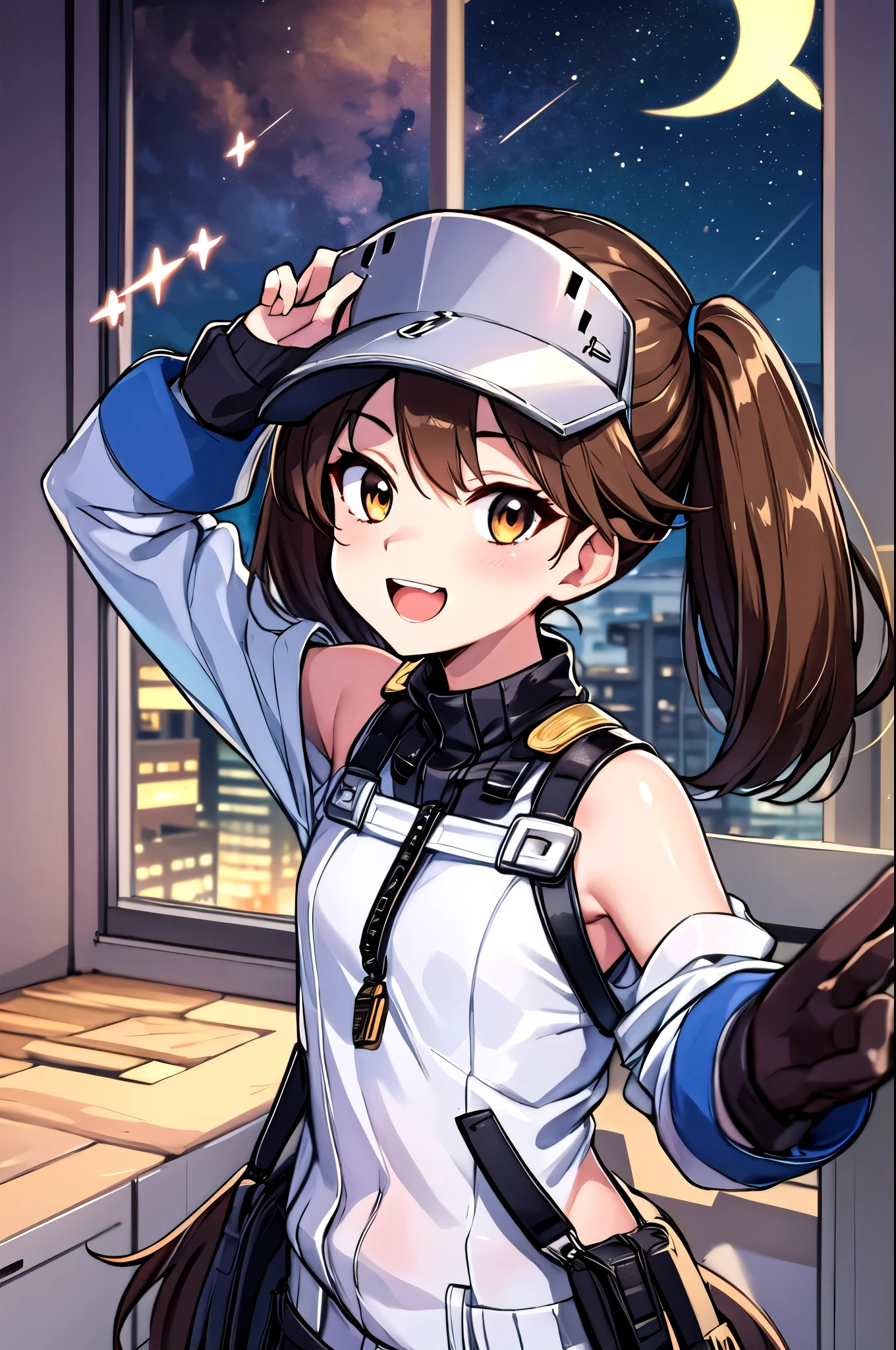   Masterpiece ,  best quality, ultra detail,  girl, (Dragon Swallow _ Fleet Collection),  office, standing,one hand salute, Window , smaller,brown_hair,  twin tails, brown_eye, correct, visor_ cap, His posts, length_hair, smile, open_mouth