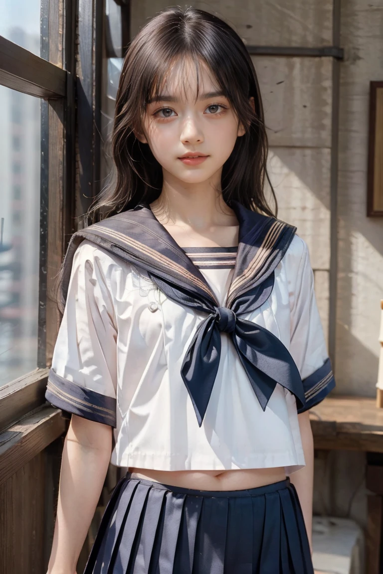 (Flat Chest:1.2)、(Sailor Uniform:1.5)、(80s Japanese Idol Hairstyle:1.2)、teenager、embarrassed、 out of your belly button、masterpiece、 best quality、 Max Image、 high definition 、 realistic 、 RAW photo、8k、 slender body、 girl、 long lashes、Thin Nose、 beautiful face、Dripping love juice、look at viewer