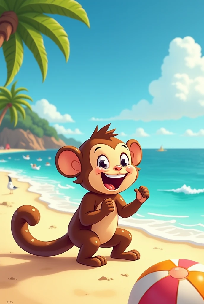 A monkey climbing a coconut on the beach 