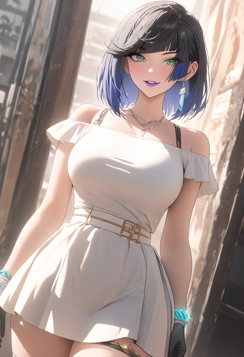 woman wearing a white off shoulder shirt and white skirt, standing outside a cafe, posing, pretty lipstick, gentle smile, natural lighting, high quality, detailed painting,8k, cinematic, warm colors, soft lighting, golden hour, elegant, fashion, lifestyle, editorial, whole body, ft colors, pastel colors, warm tones, full body shot, whole body, black high heels,full body shot, dynamic pose, big breasts, muted colors, skin pores, score_9, score_8_up, score_7_up, (sfw), (cowboy shot, dutch angle:1.2), 1girl, solo, mature female, thigh strap, yelan, black hair, blue hair, eyebrows hidden by hair, green eyes, multicolored hair, short hair, mismatched gloves,(negative_v2 Color_Balance_Calibration:0.8), unaestheticXL_cbp62 , negativeXL_D
